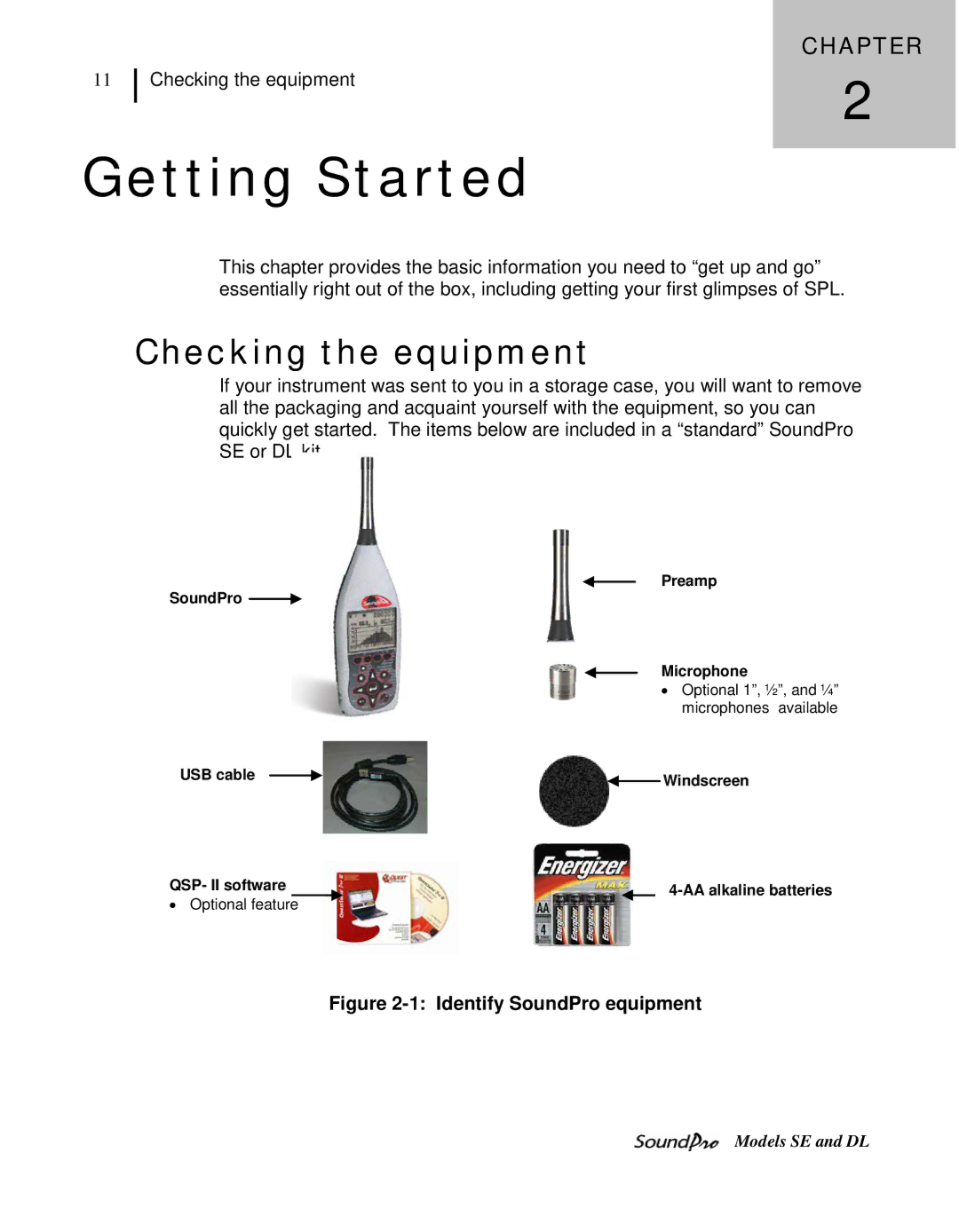 3M SE, DL user manual Checking the equipment, Preamp SoundPro Microphone, USB cable, AA alkaline batteries, Optional feature 