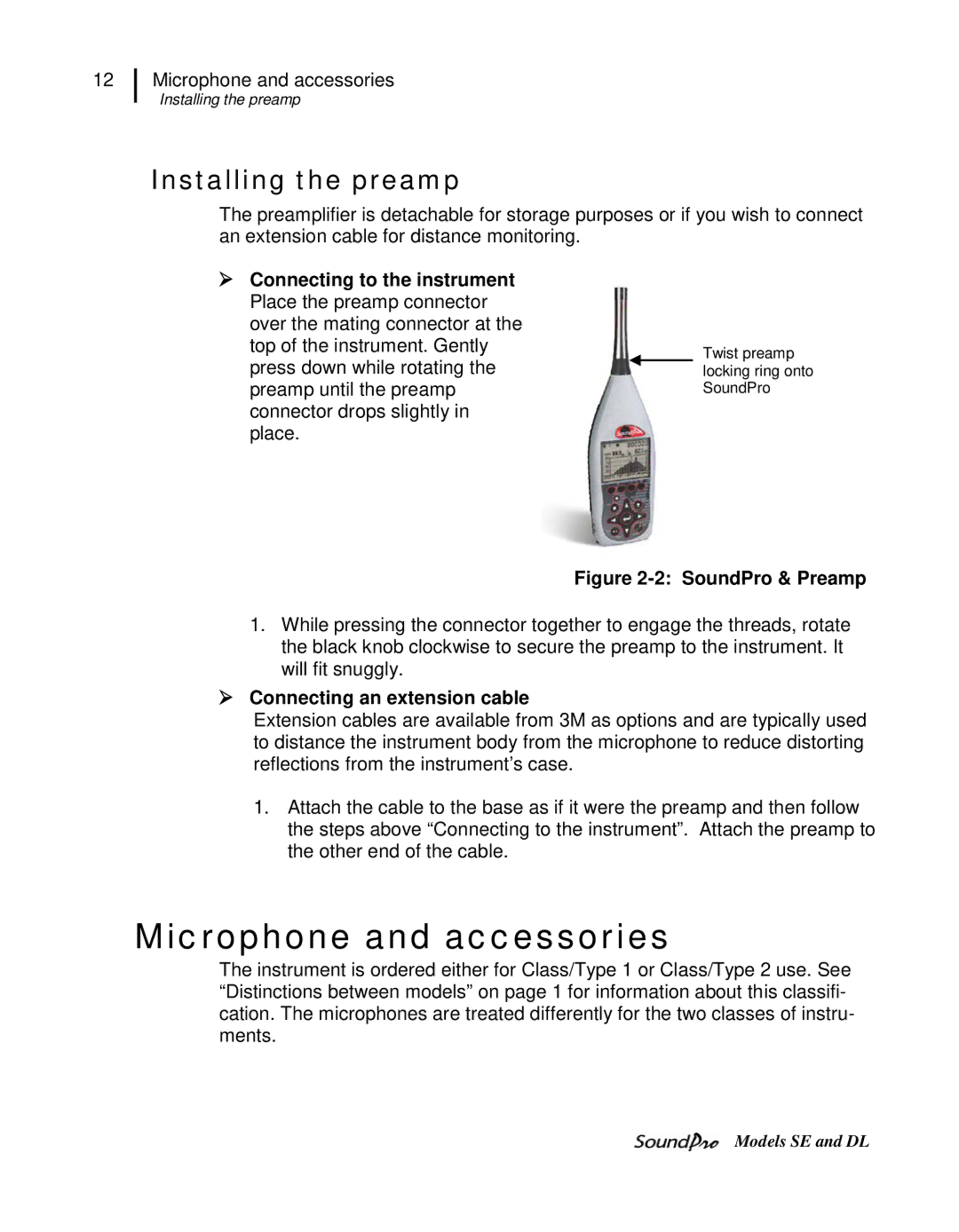 3M DL, SE user manual Microphone and accessories, Installing the preamp,  Connecting an extension cable 