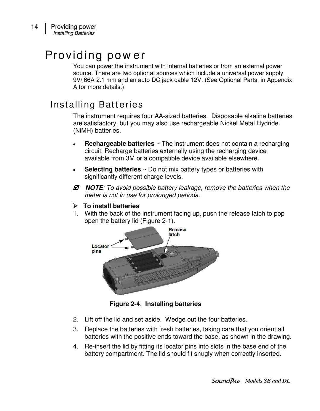 3M DL, SE user manual Providing power, Installing Batteries,  To install batteries 