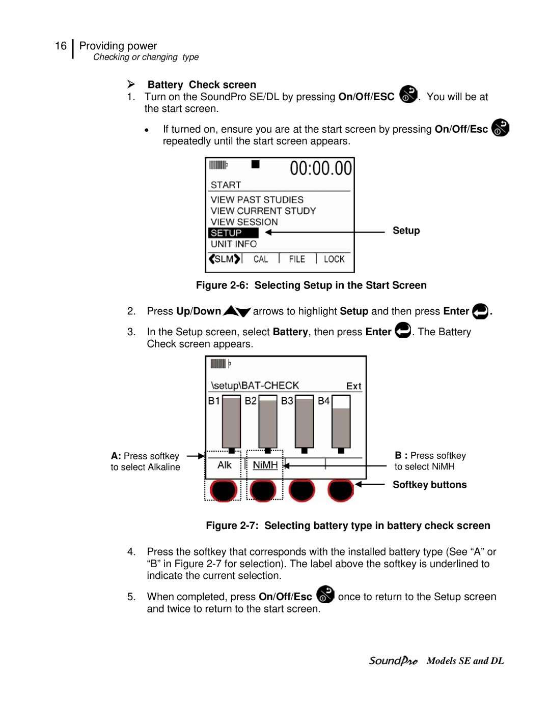 3M DL, SE user manual  Battery Check screen, Setup, Softkey buttons 