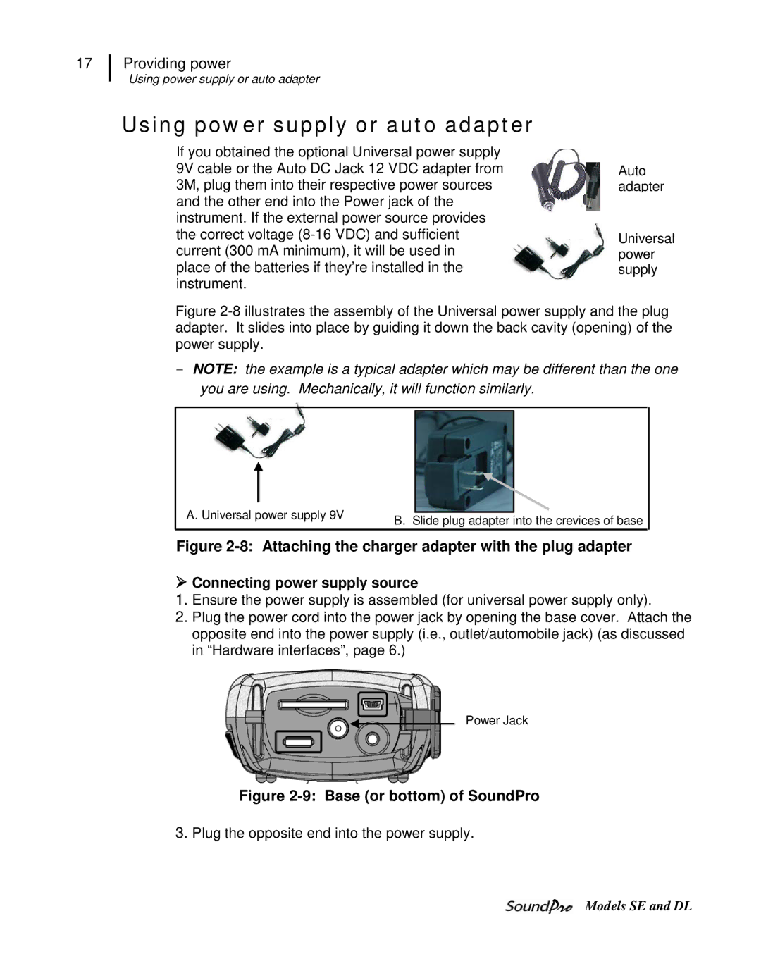 3M SE, DL user manual Using power supply or auto adapter, Base or bottom of SoundPro 