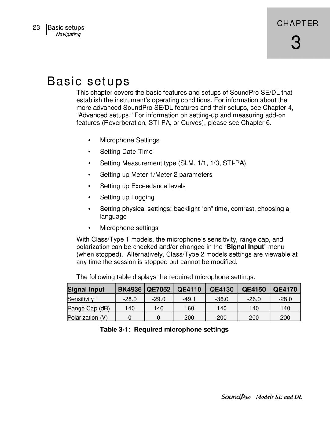 3M SE, DL user manual Basic setups, Signal Input BK4936 QE7052 QE4110 QE4130 QE4150 QE4170, Required microphone settings 