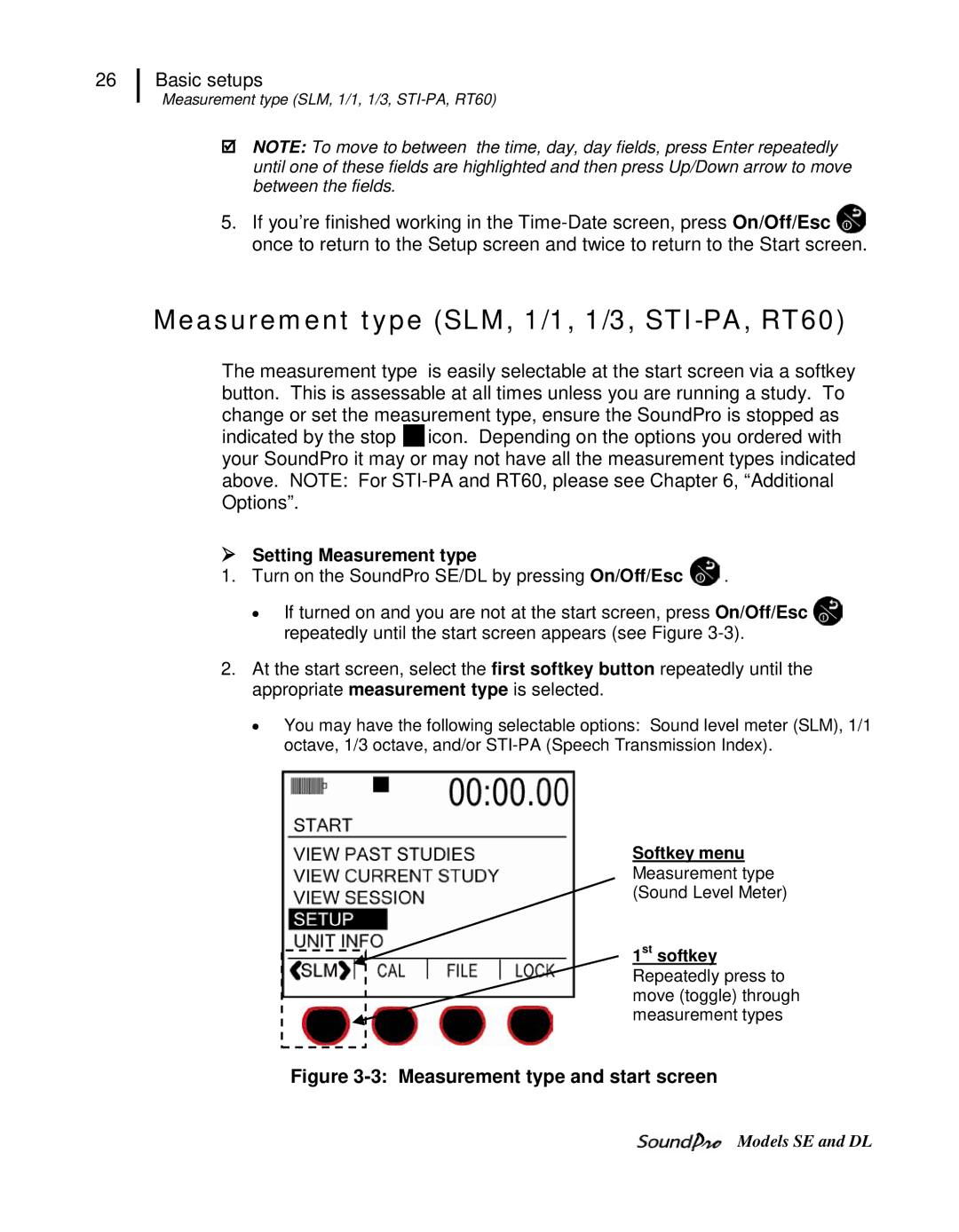 3M DL, SE user manual Measurement type SLM, 1/1, 1/3, STI-PA, RT60,  Setting Measurement type, 1st softkey 