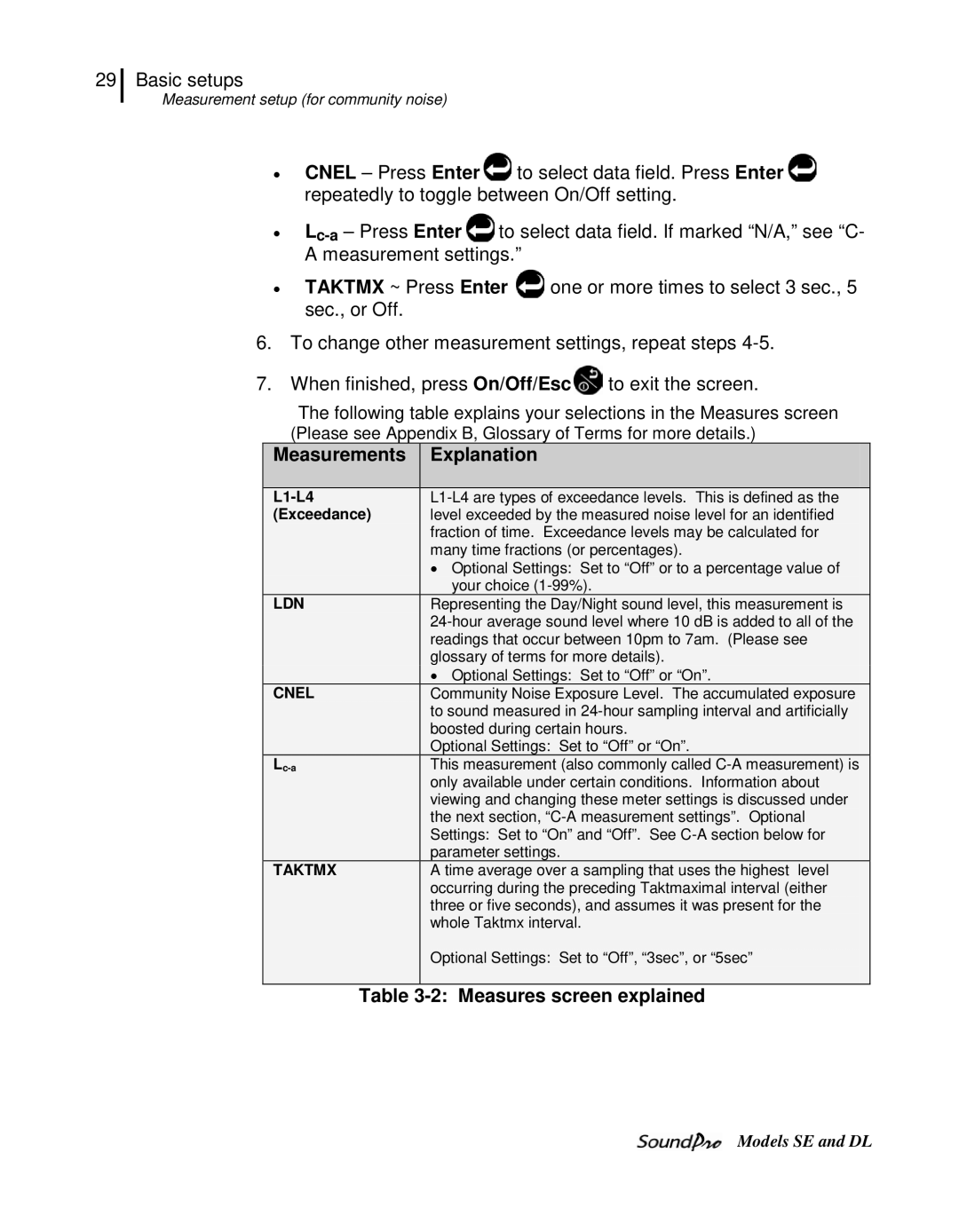 3M SE, DL user manual Measurements Explanation, Measures screen explained 