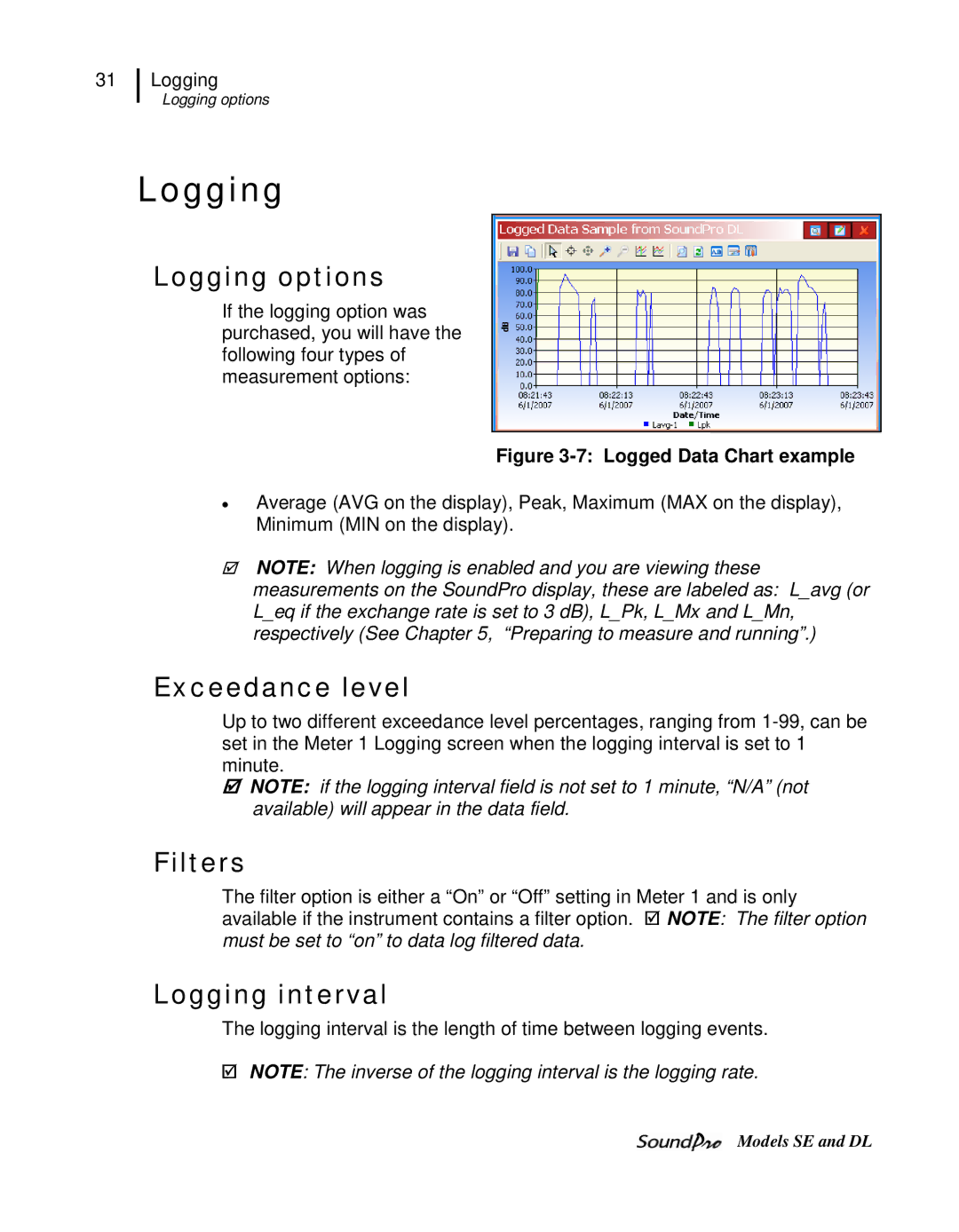 3M SE, DL user manual Logging options, Exceedance level, Filters, Logging interval 