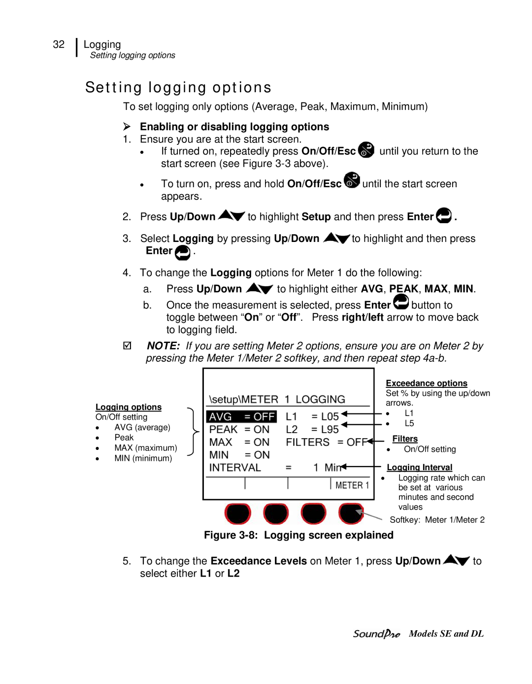 3M DL, SE Setting logging options,  Enabling or disabling logging options, Exceedance options, Filters, Logging Interval 