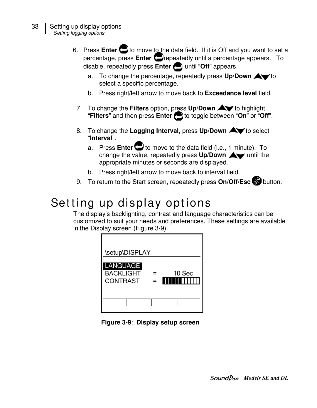 3M SE, DL user manual Setting up display options, 9Display setup screen 