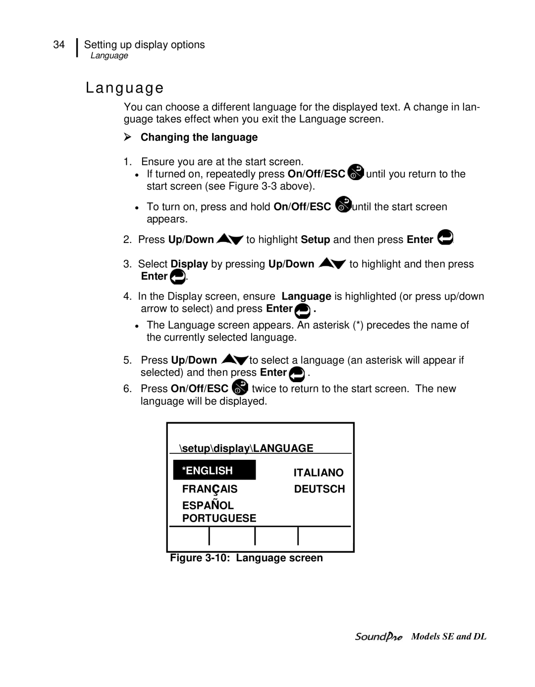 3M DL, SE user manual Language,  Changing the language, setup\display\LANGUAGE, Fran çAIS 