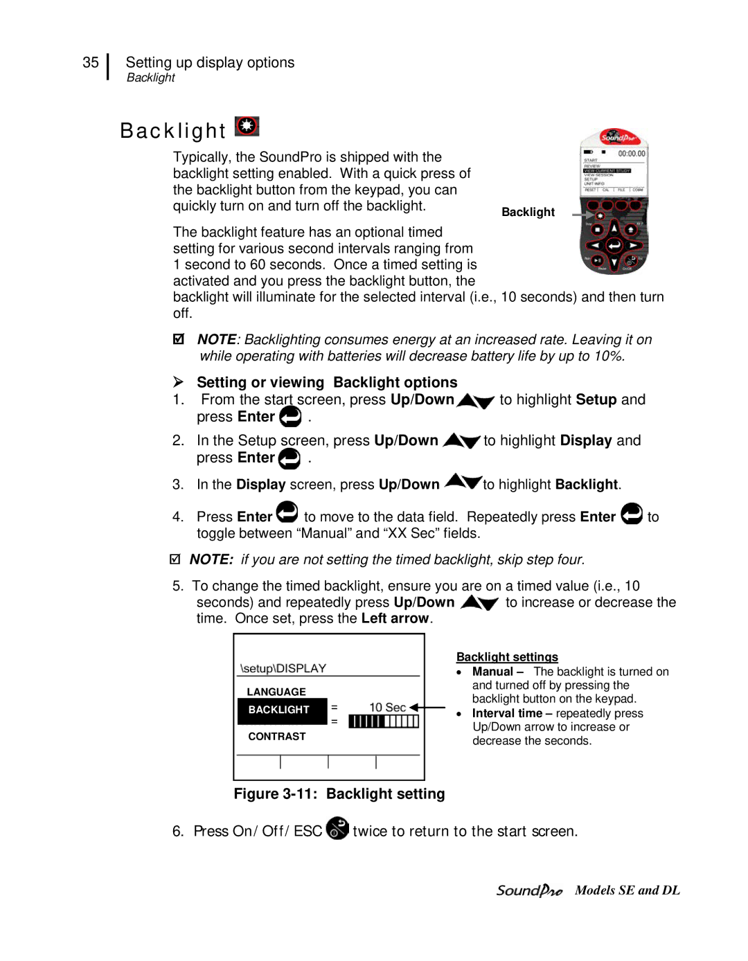 3M SE, DL user manual  Setting or viewing Backlight options, Backlight settings 