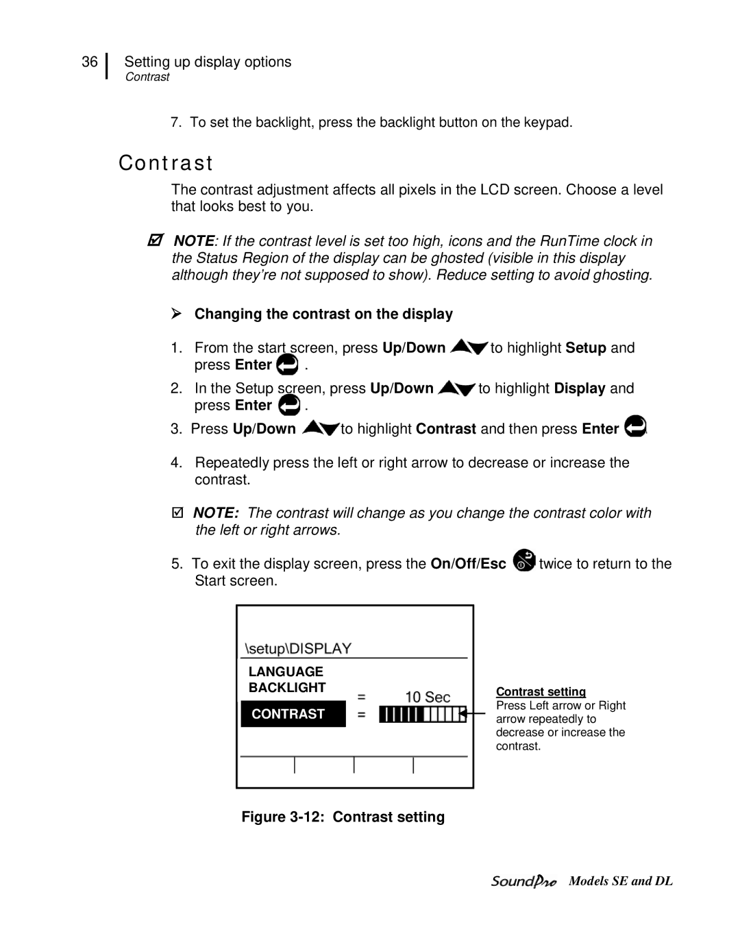 3M DL, SE user manual  Changing the contrast on the display, Contrast setting 