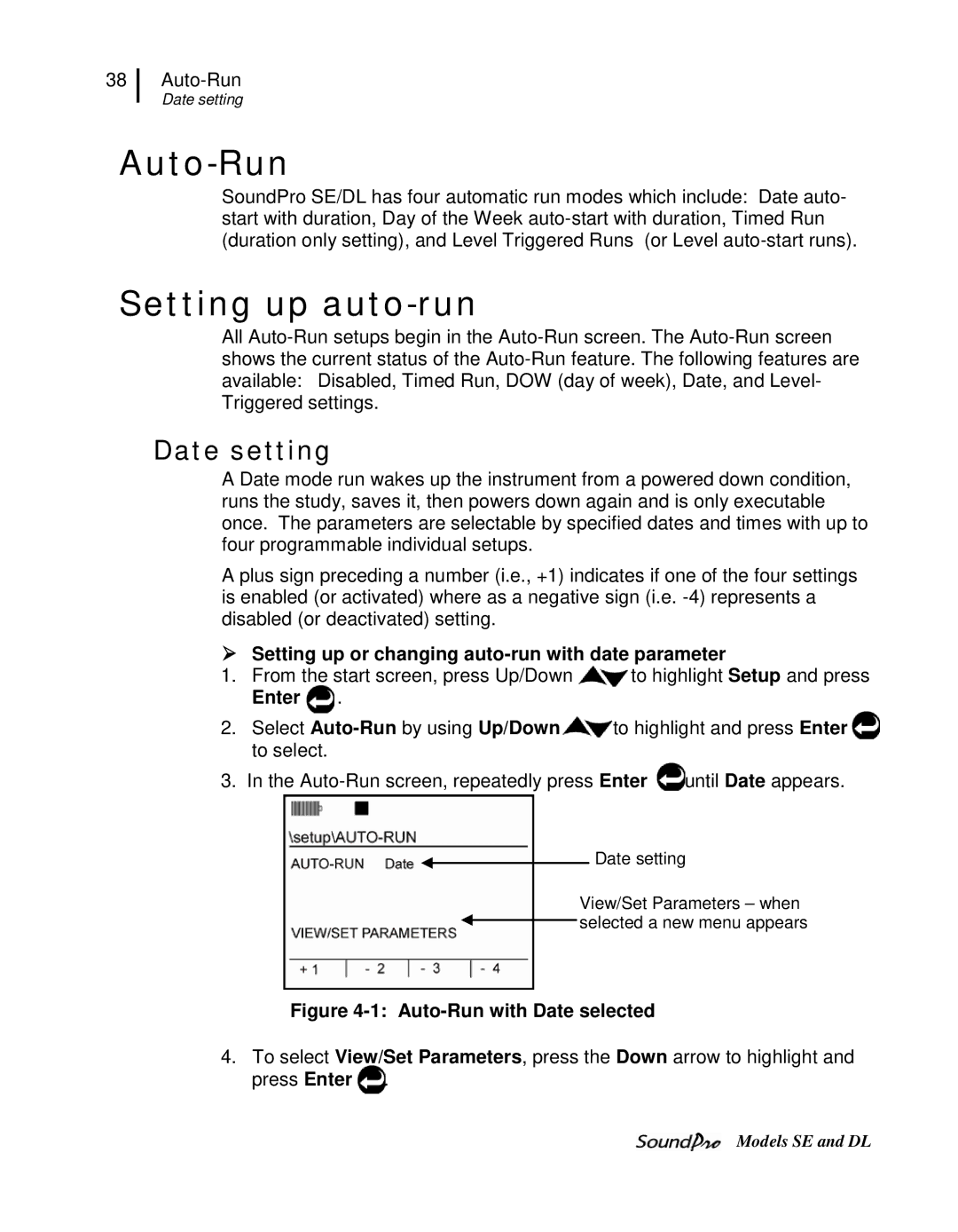 3M DL, SE user manual Auto-Run, Setting up auto-run, Date setting,  Setting up or changing auto-run with date parameter 