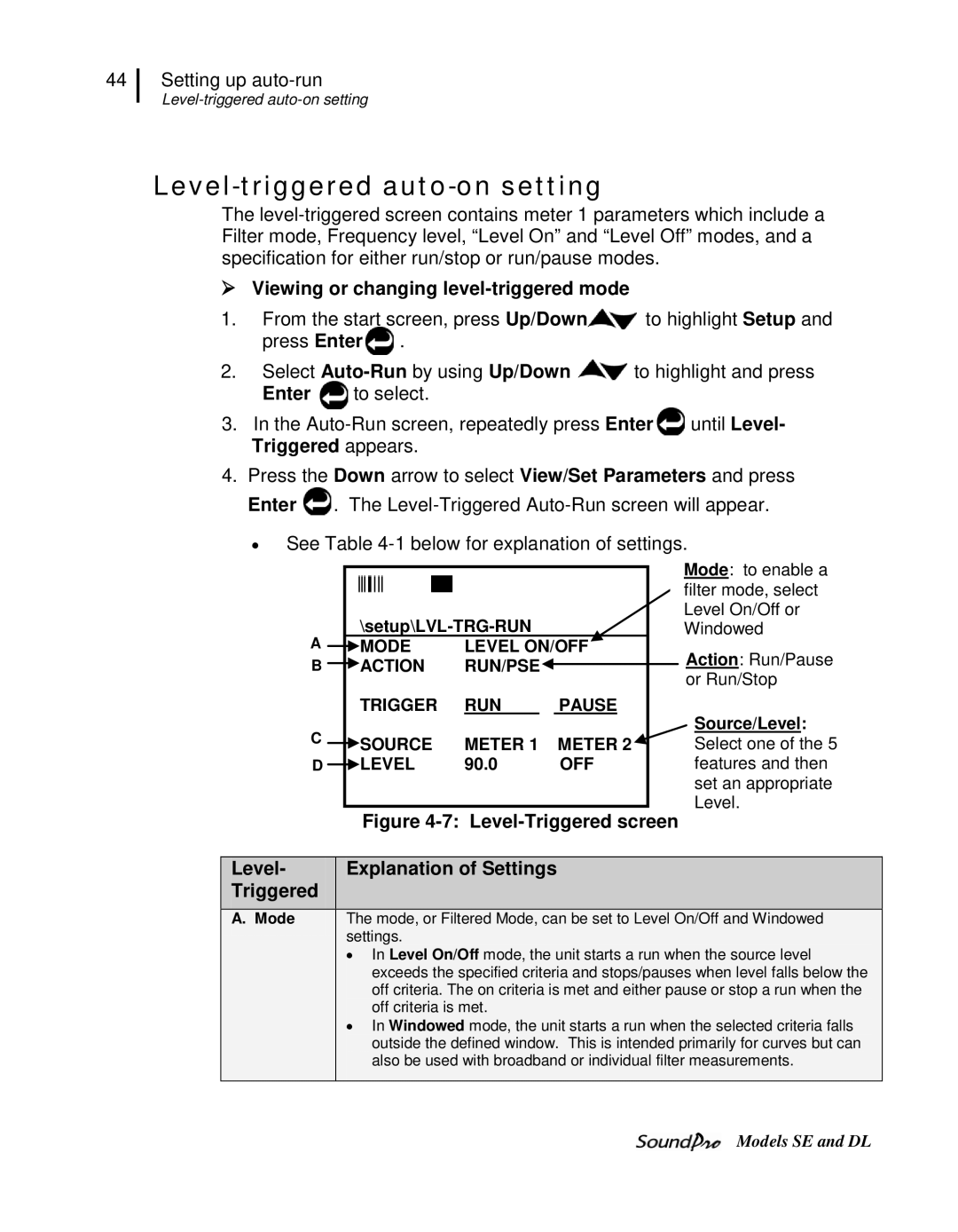 3M DL Level-triggered auto-on setting,  Viewing or changing level-triggered mode, Level Explanation of Settings Triggered 