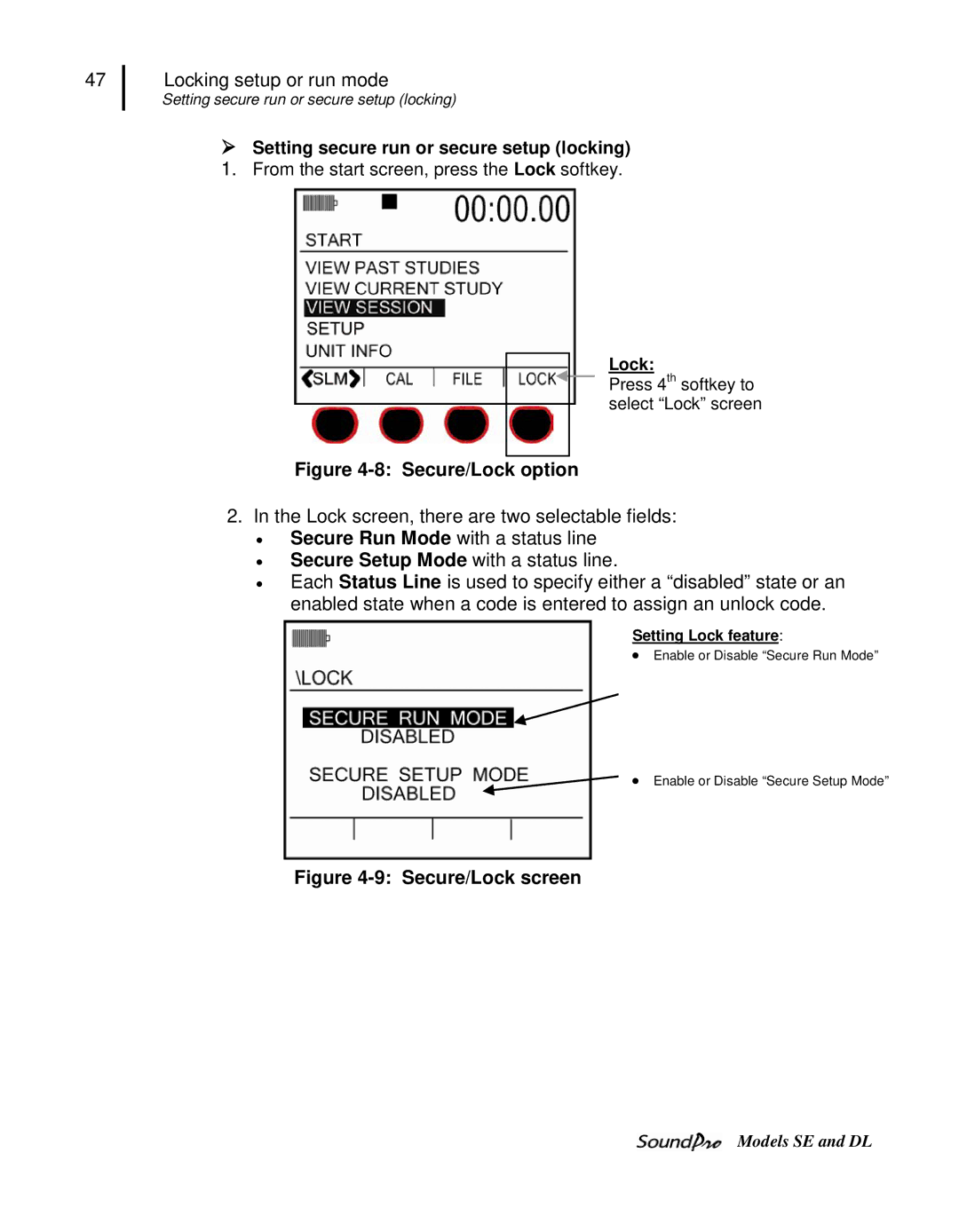 3M SE, DL user manual  Setting secure run or secure setup locking, Setting Lock feature 