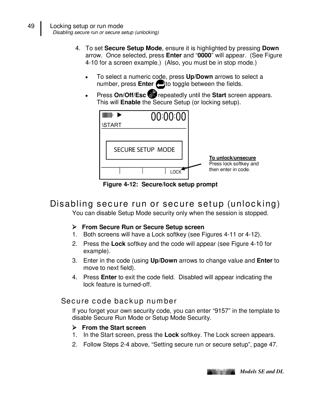 3M SE Disabling secure run or secure setup unlocking, Secure code backup number,  From Secure Run or Secure Setup screen 