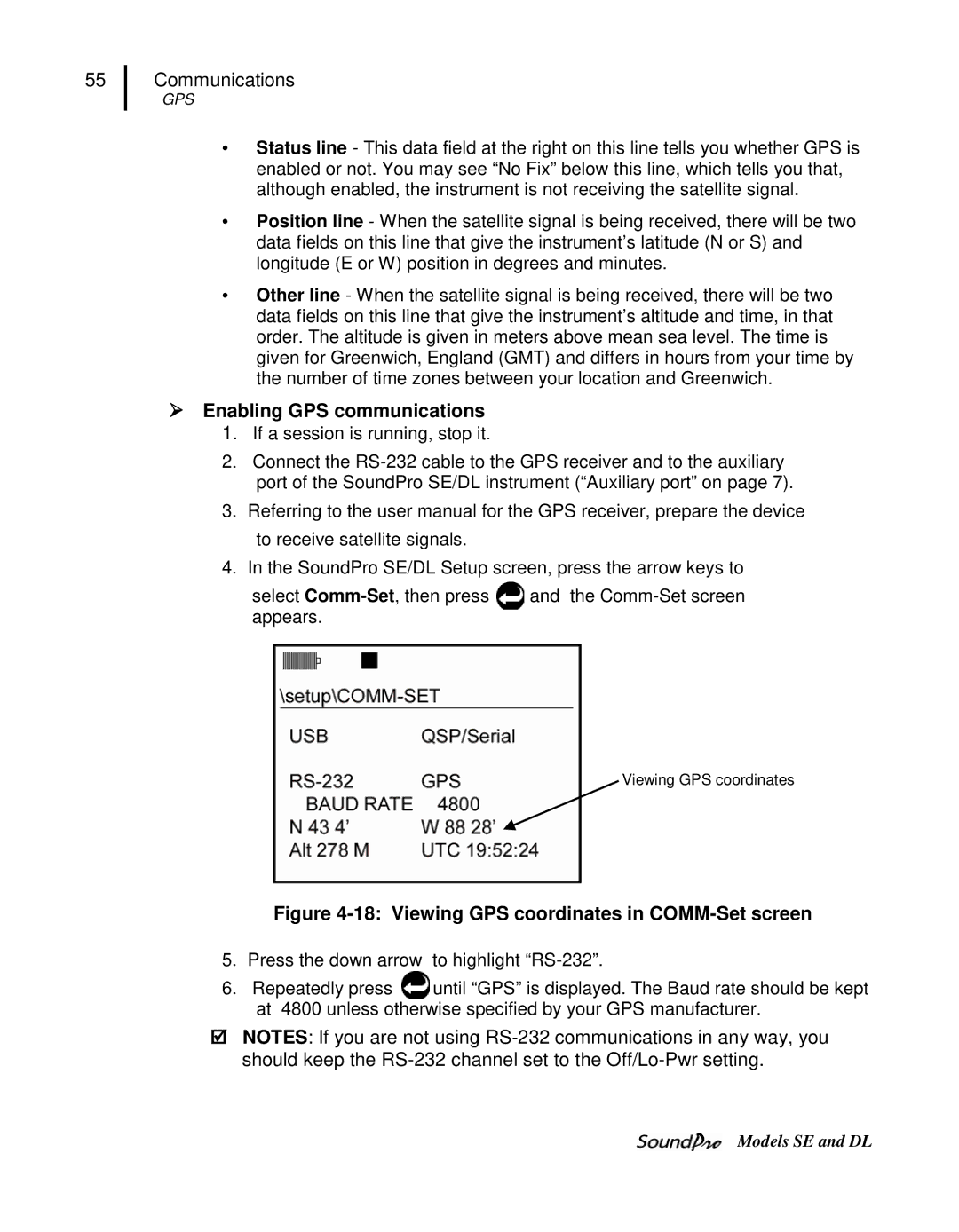 3M SE, DL user manual  Enabling GPS communications, Viewing GPS coordinates in COMM-Set screen 