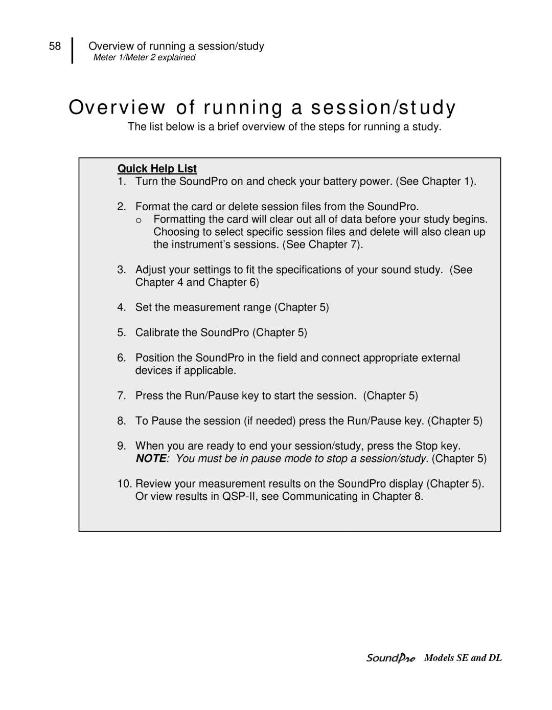 3M DL, SE user manual Overview of running a session/study, Quick Help List 