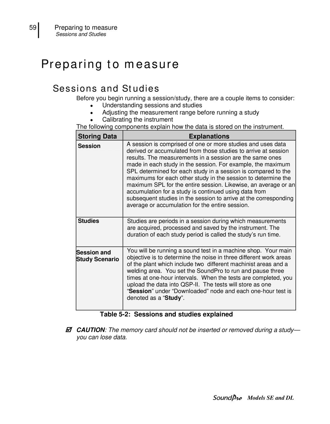 3M SE, DL user manual Preparing to measure, Sessions and Studies, Storing Data Explanations, Sessions and studies explained 