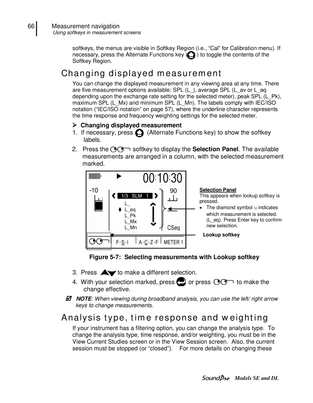 3M DL Analysis type, time response and weighting,  Changing displayed measurement, Selection Panel, Lookup softkey 