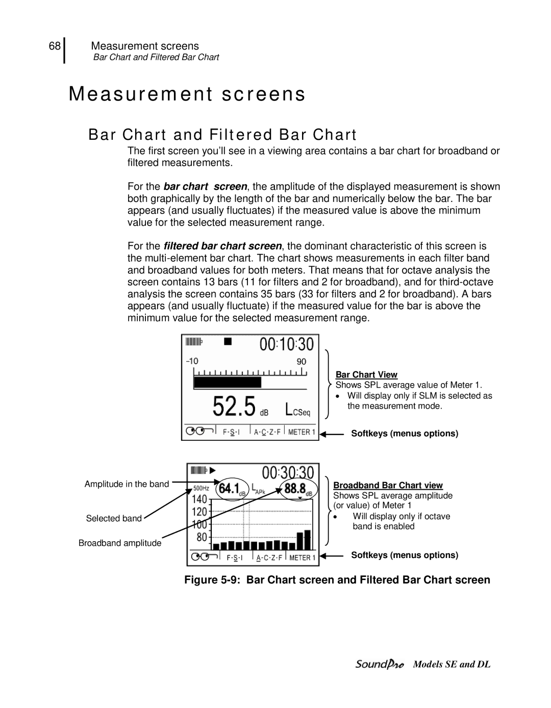 3M DL, SE user manual Measurement screens, Bar Chart and Filtered Bar Chart, Bar Chart View, Softkeys menus options 