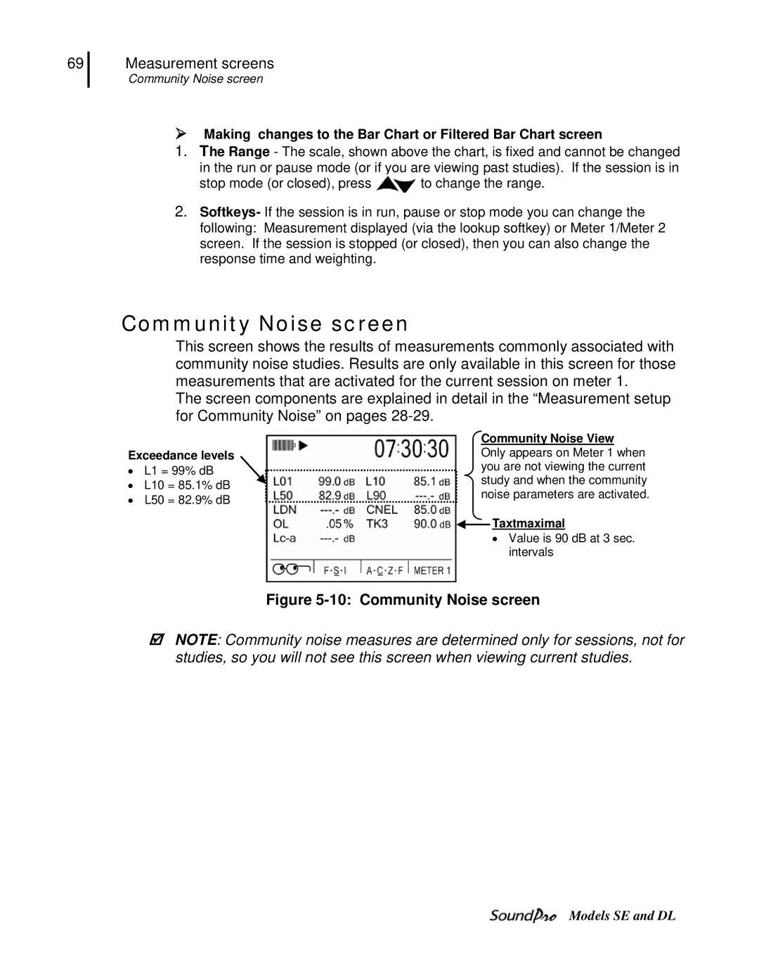 3M SE, DL user manual Community Noise screen, Exceedance levels, Community Noise View, Taxtmaximal 