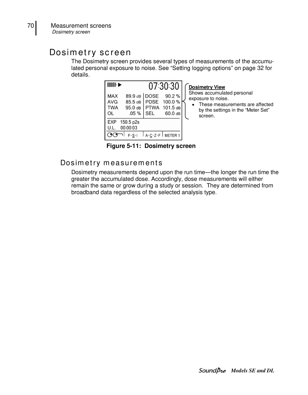 3M DL, SE user manual Dosimetry screen, Dosimetry measurements, Dosimetry View 