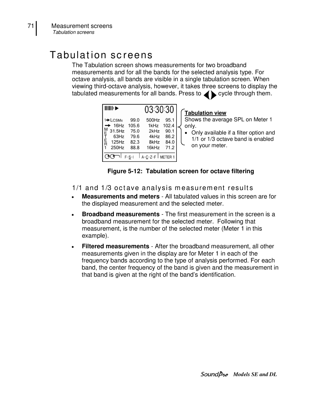 3M SE, DL user manual Tabulation screen for octave filtering, Tabulation view 