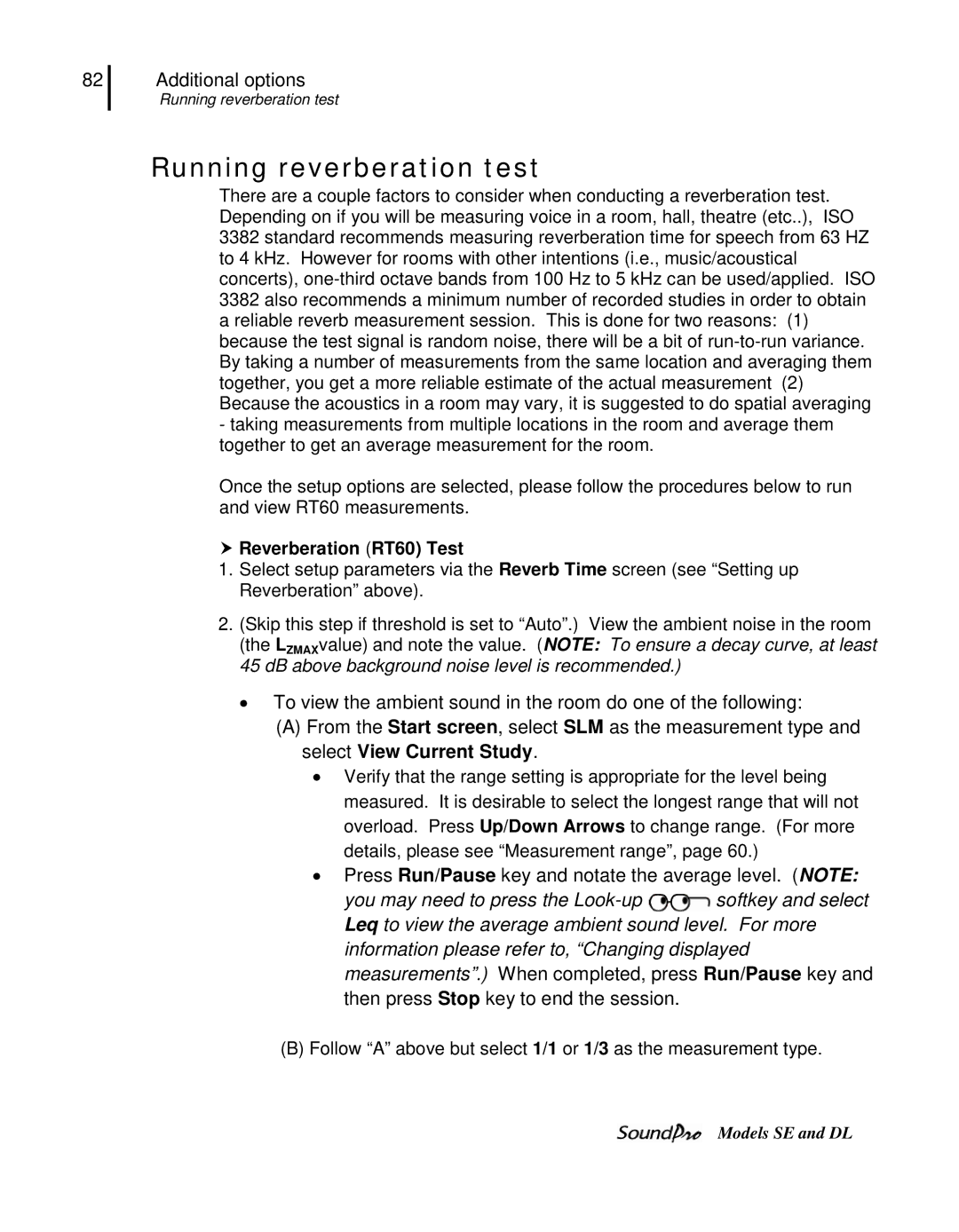 3M DL, SE user manual Running reverberation test,  Reverberation RT60 Test 