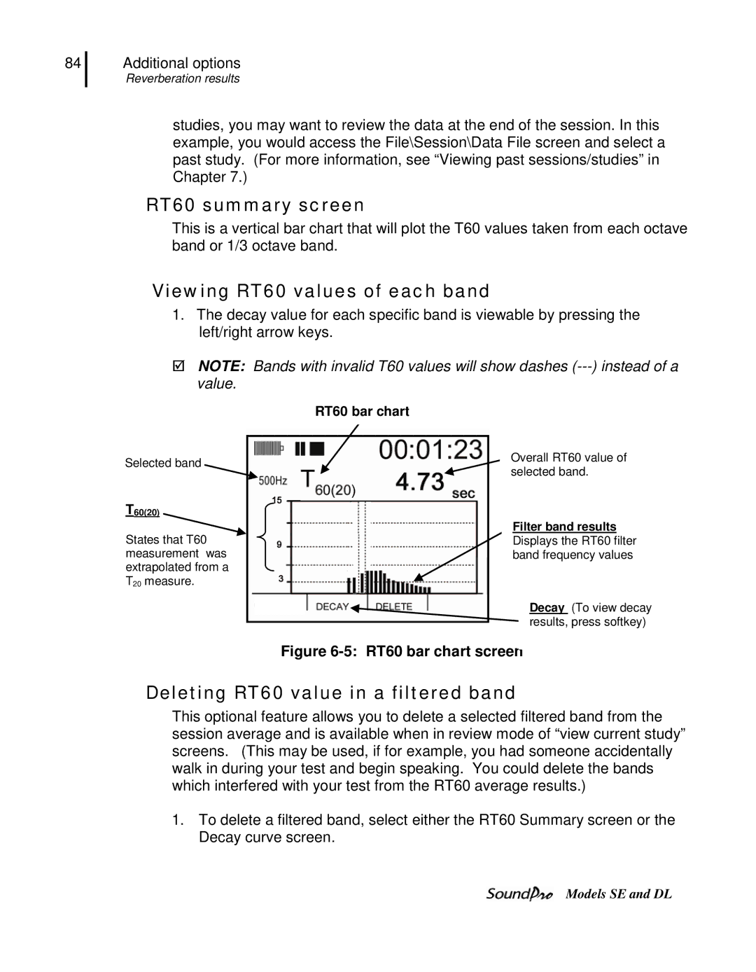 3M DL, SE RT60 summary screen, Viewing RT60 values of each band, Deleting RT60 value in a filtered band, RT60 bar chart 