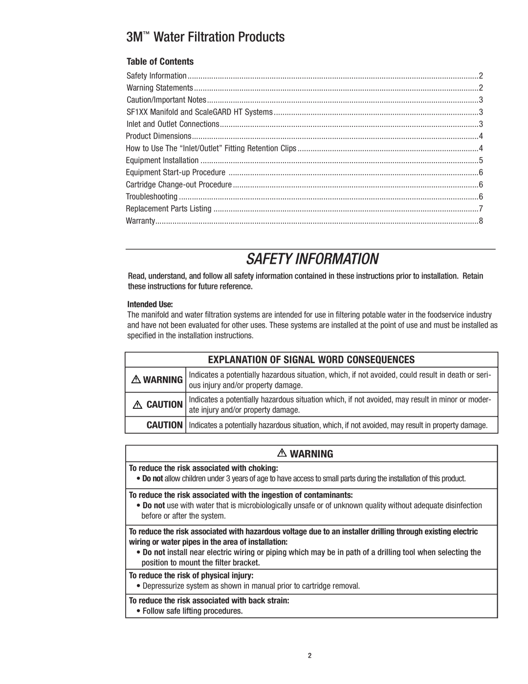 3M SF1XX 3M Water Filtration Products, Explanation Of Signal Word Consequences, Table of Contents, Safety Information 