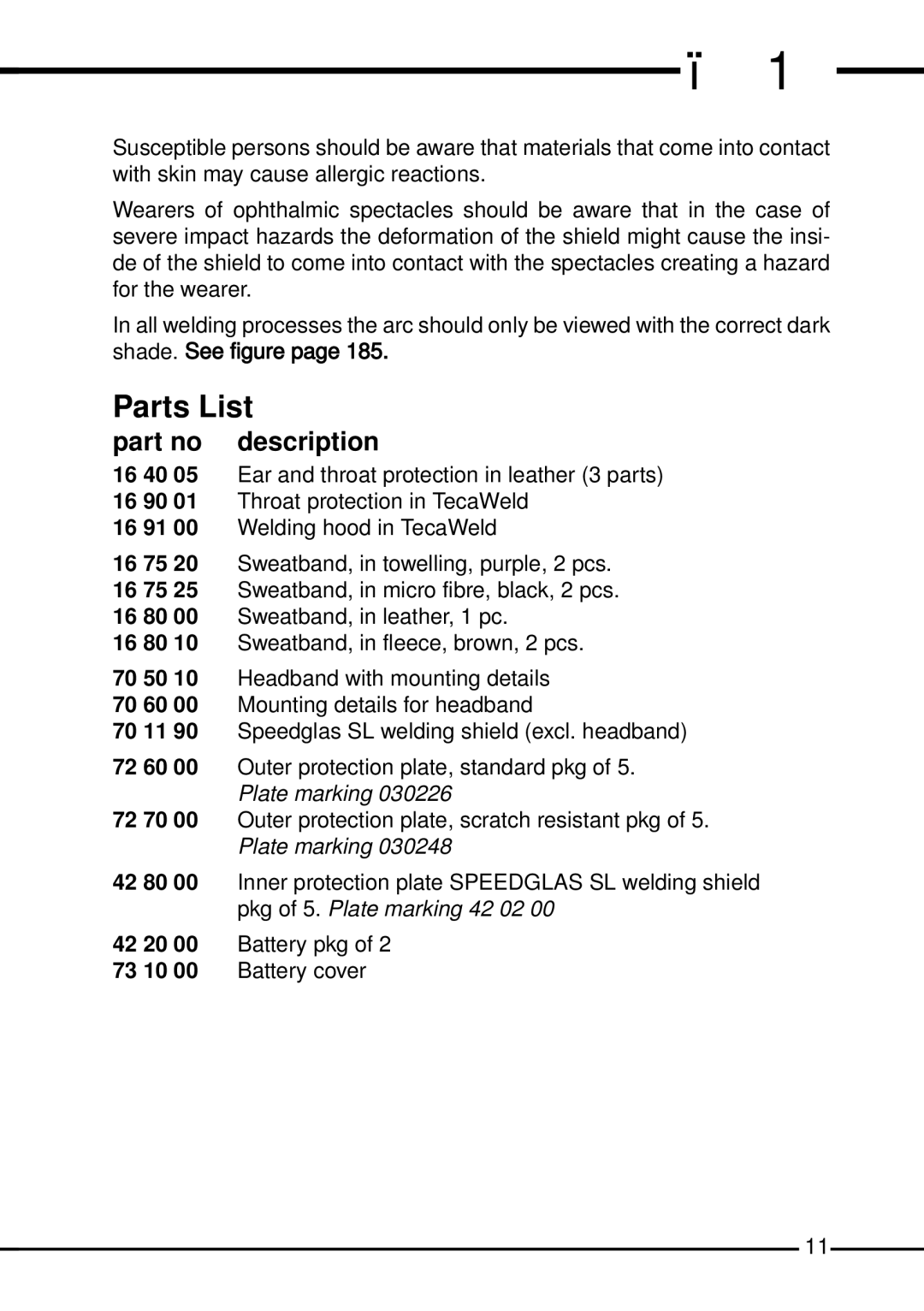 3M SL manual Parts List, Part no description 