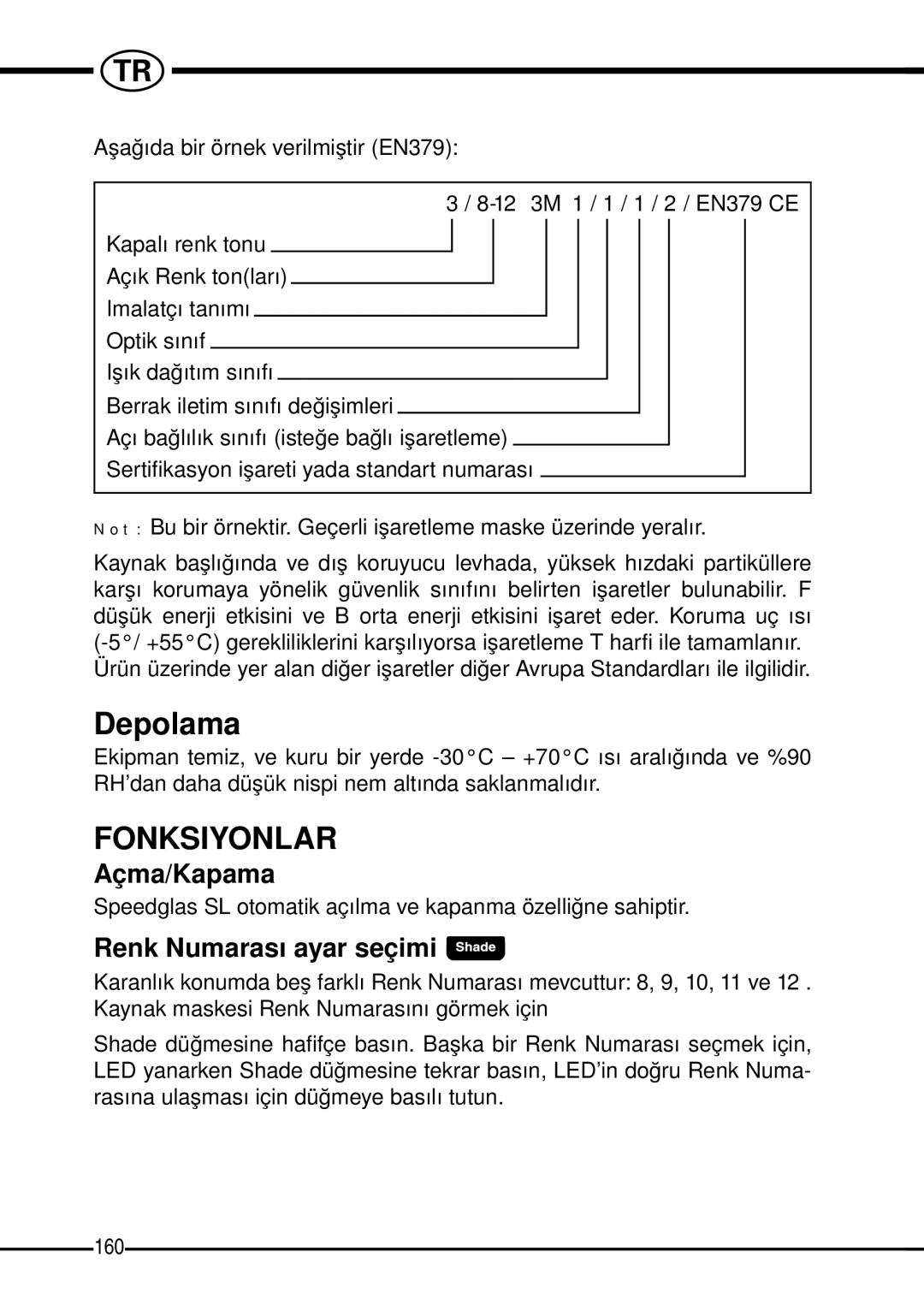 3M SL manual Depolama, Fonksiyonlar, Açma/Kapama, Renk Numarasý ayar seçimi 