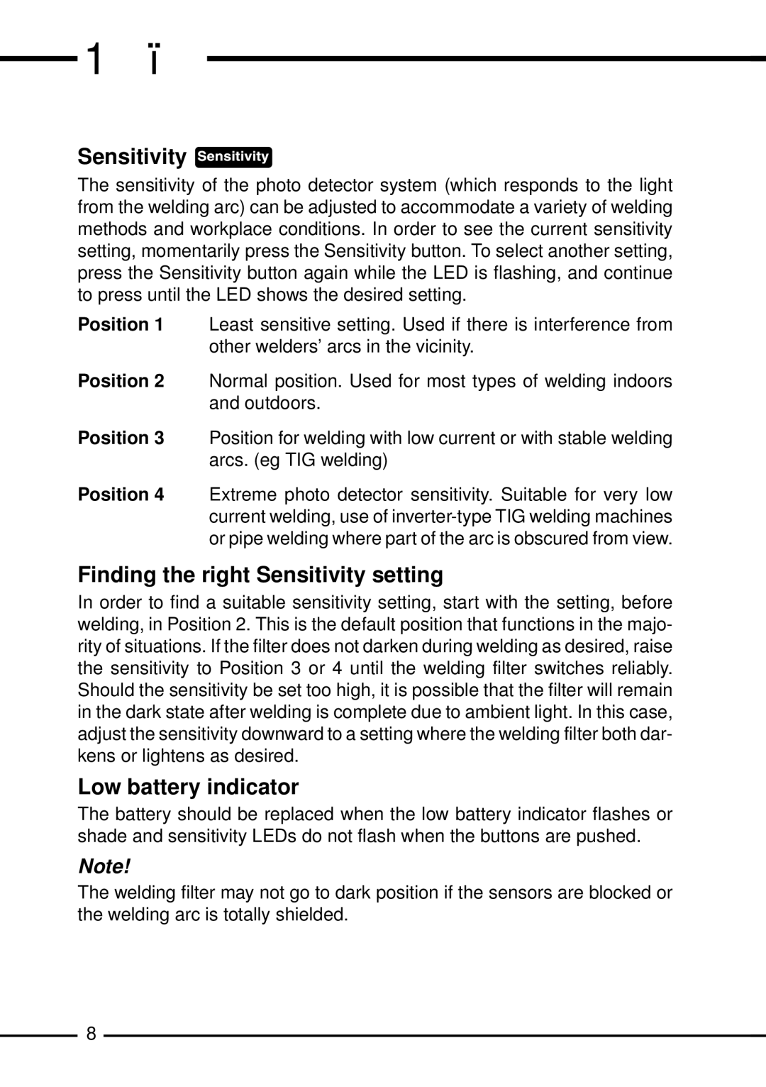 3M SL manual Finding the right Sensitivity setting, Low battery indicator 