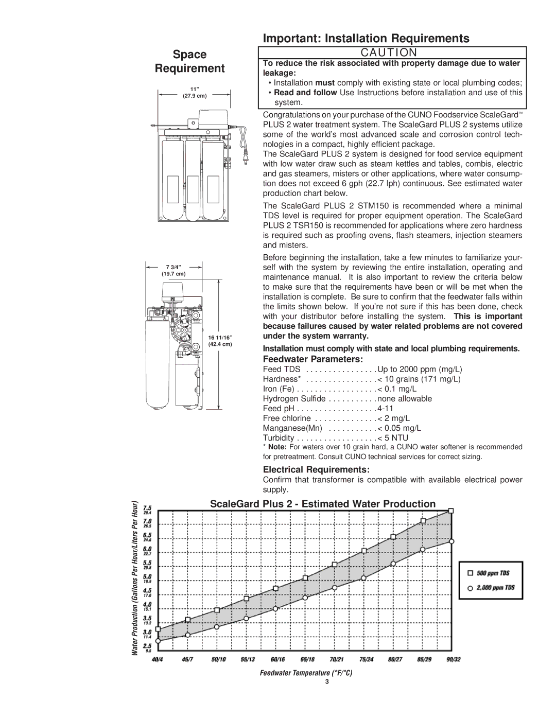 3M TSR150, STM150 Space Requirement, Important Installation Requirements, Feedwater Parameters, Electrical Requirements 