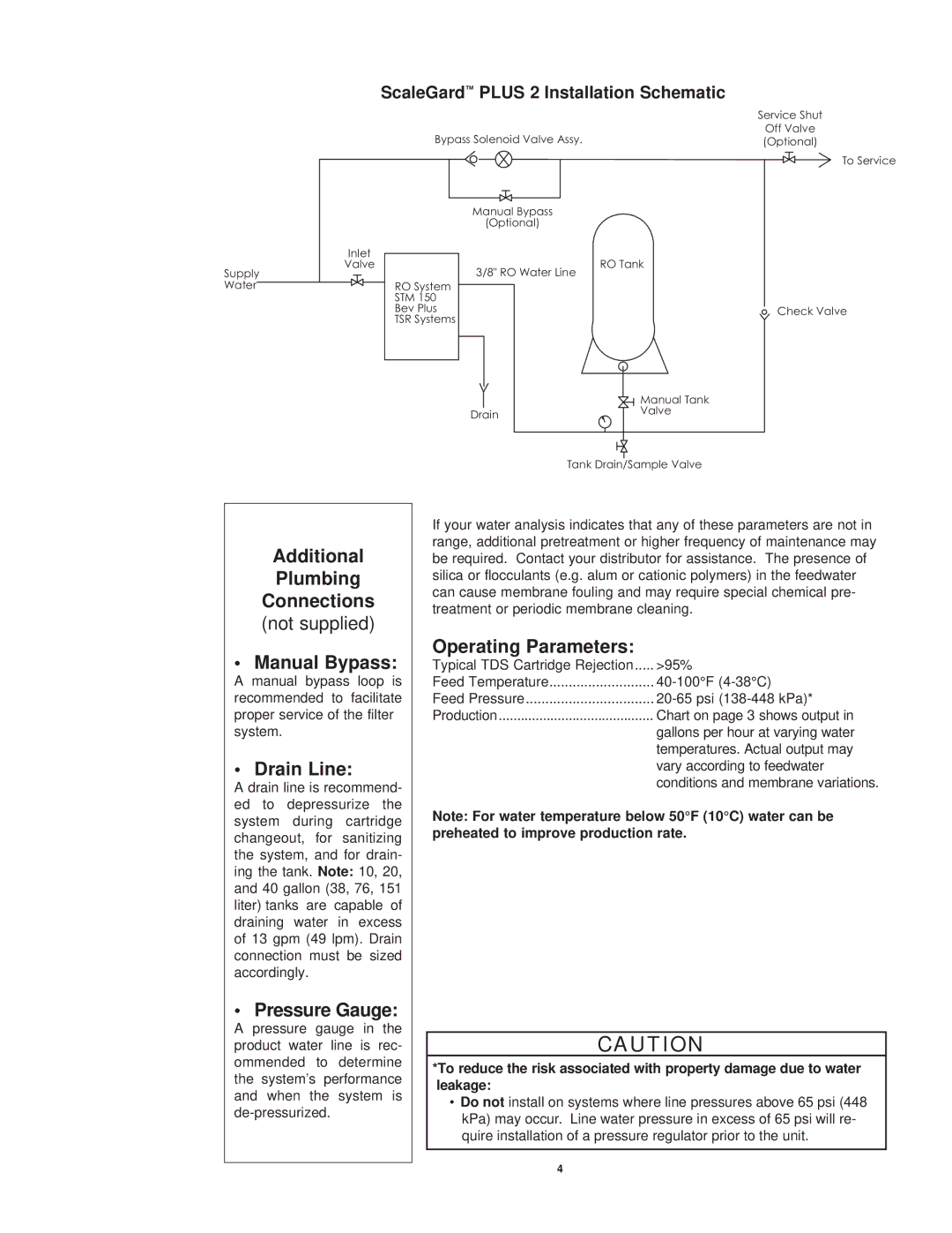 3M STM150, TSR150 owner manual Additional Plumbing, Manual Bypass, Drain Line, Pressure Gauge, Operating Parameters 