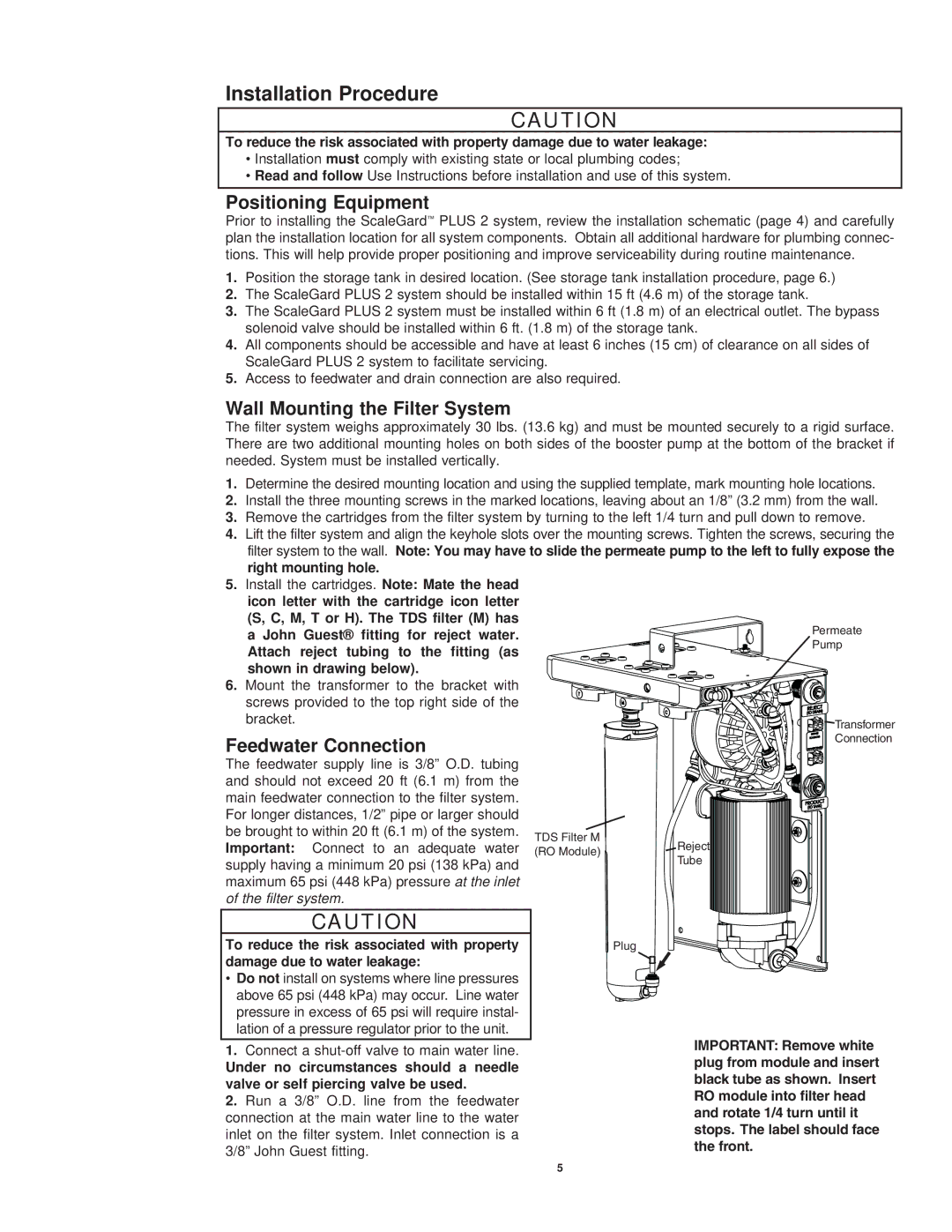 3M TSR150, STM150 Installation Procedure, Positioning Equipment, Wall Mounting the Filter System, Feedwater Connection 