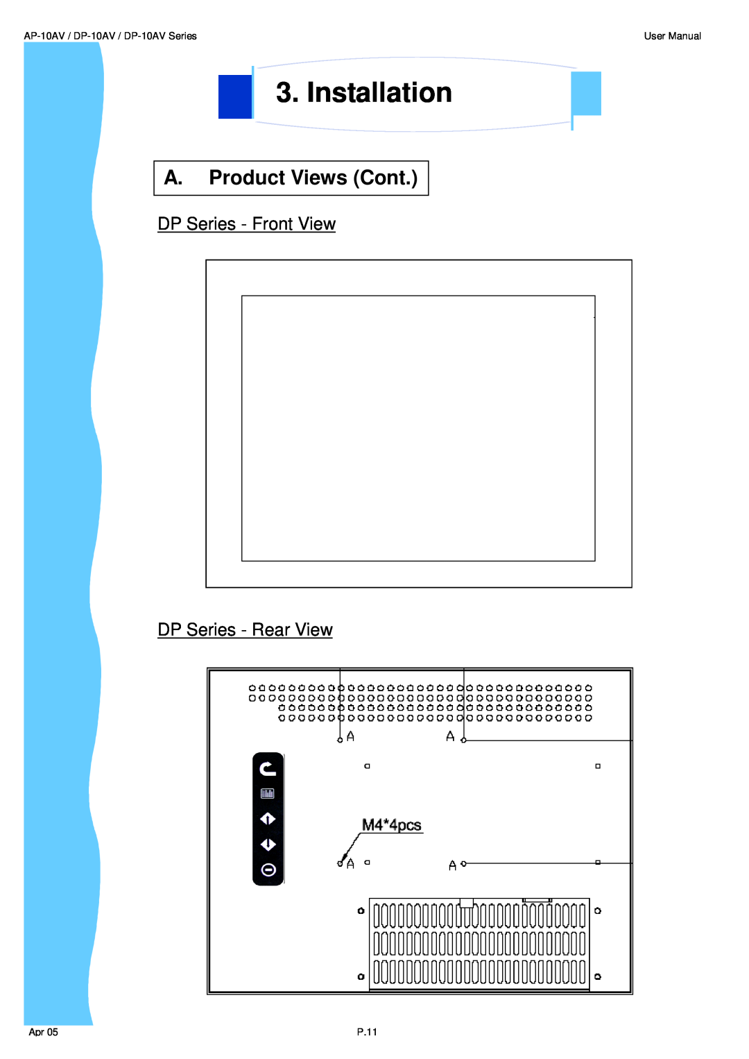 3M UMUV.10-045V2 user manual A. Product Views Cont, Installation, AP-10AV / DP-10AV / DP-10AV Series, User Manual, P.11 