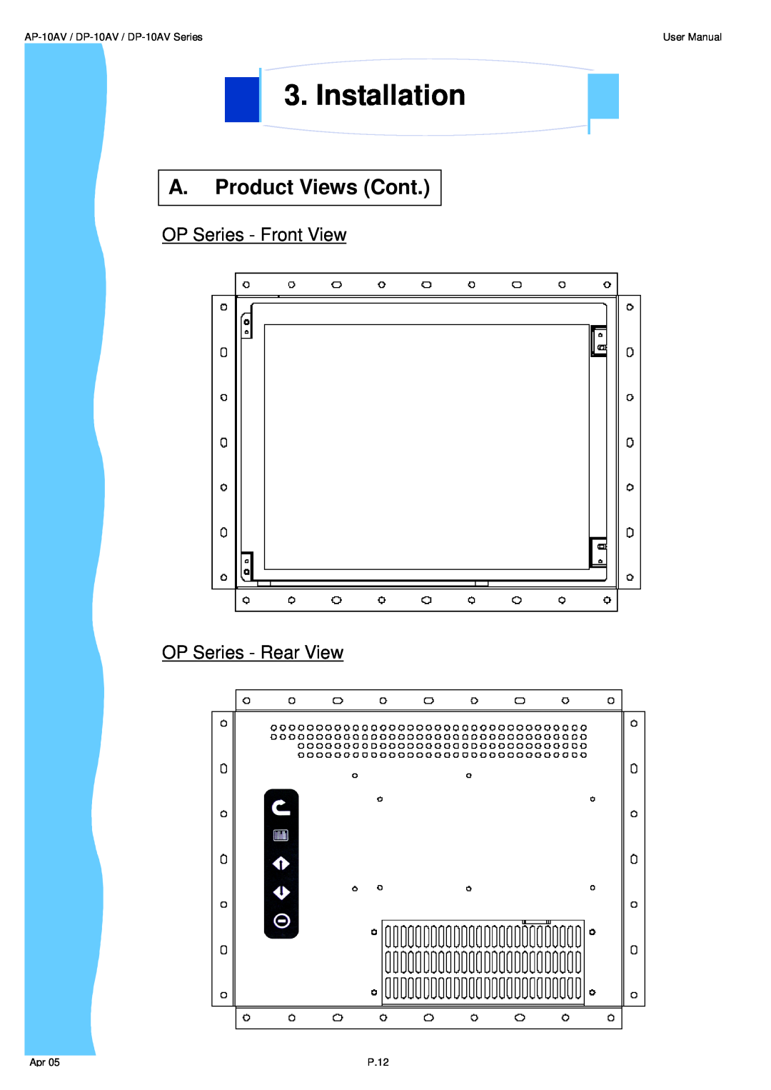 3M UMUV.10-045V2 user manual Installation, A. Product Views Cont, AP-10AV / DP-10AV / DP-10AV Series, User Manual, P.12 
