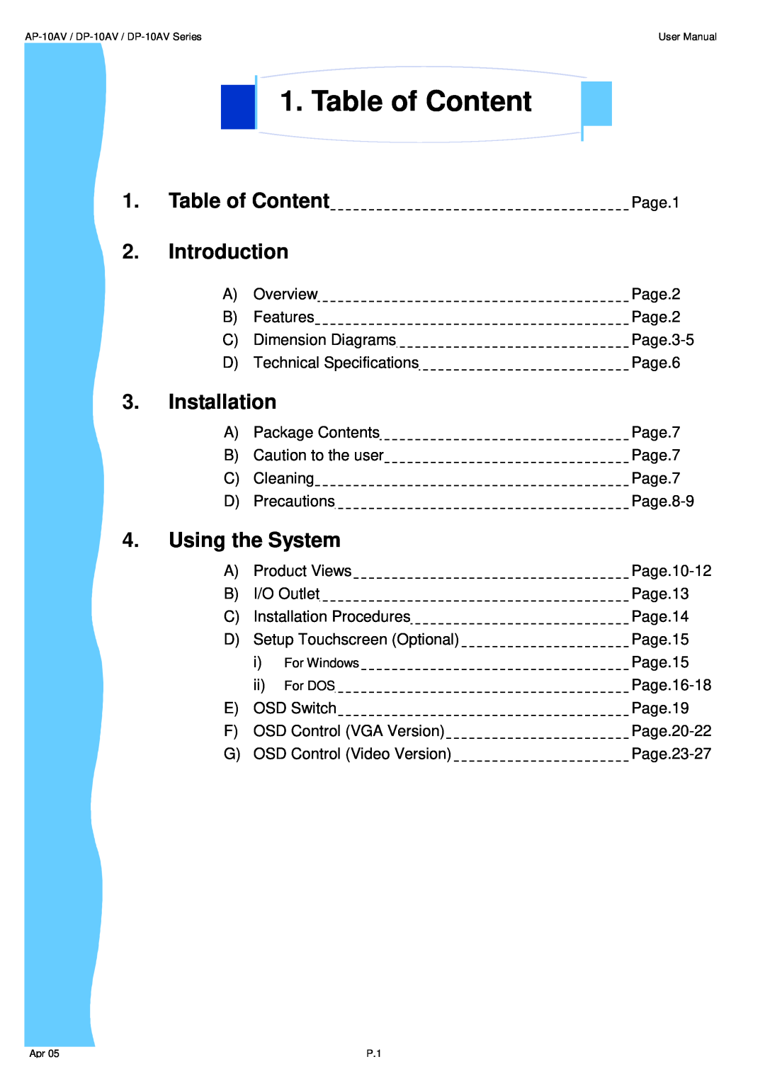 3M UMUV.10-045V2 user manual Table of Content, Introduction, Installation, Using the System 