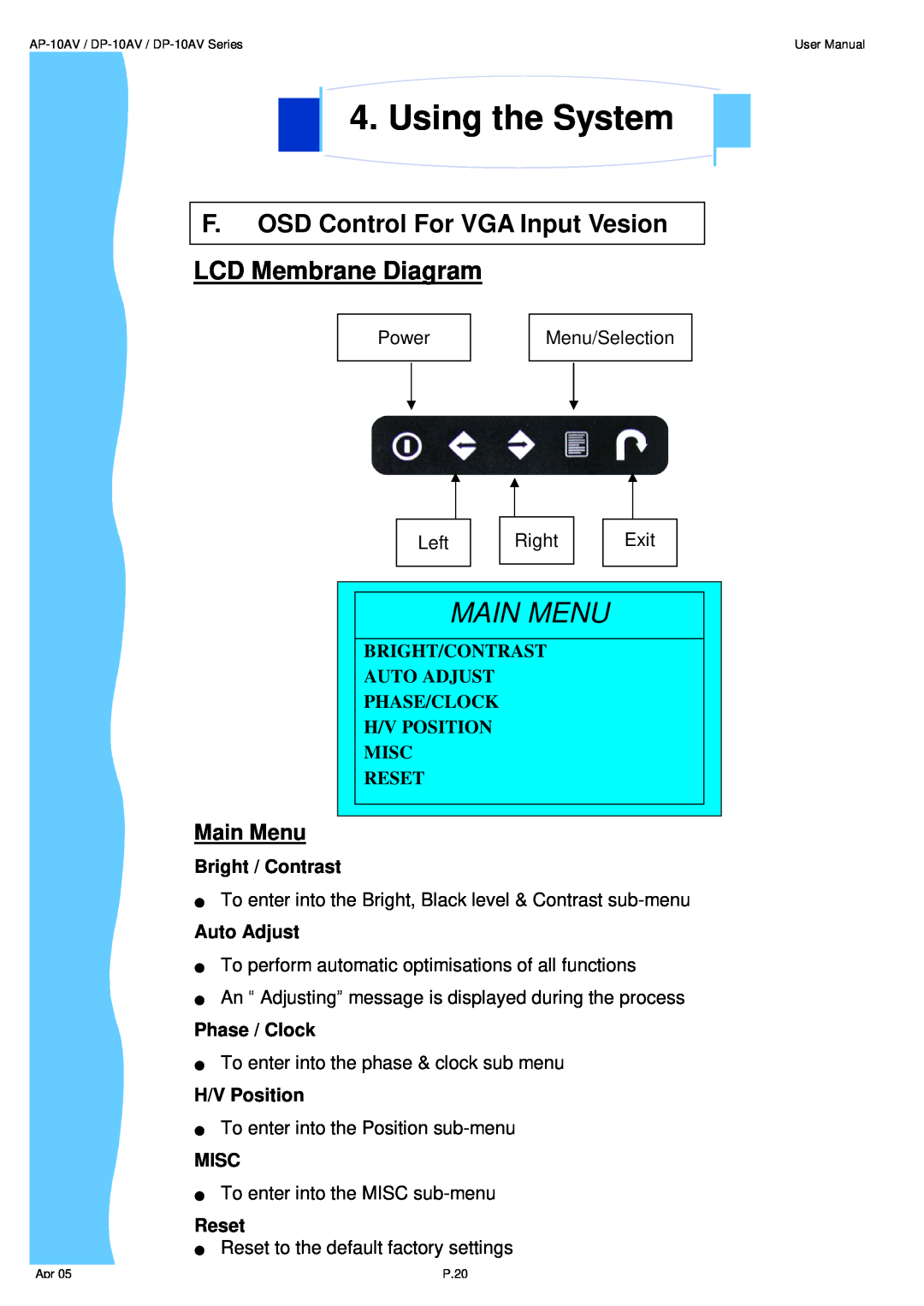 3M UMUV.10-045V2 F. OSD Control For VGA Input Vesion LCD Membrane Diagram, Main Menu, Using the System, Bright / Contrast 