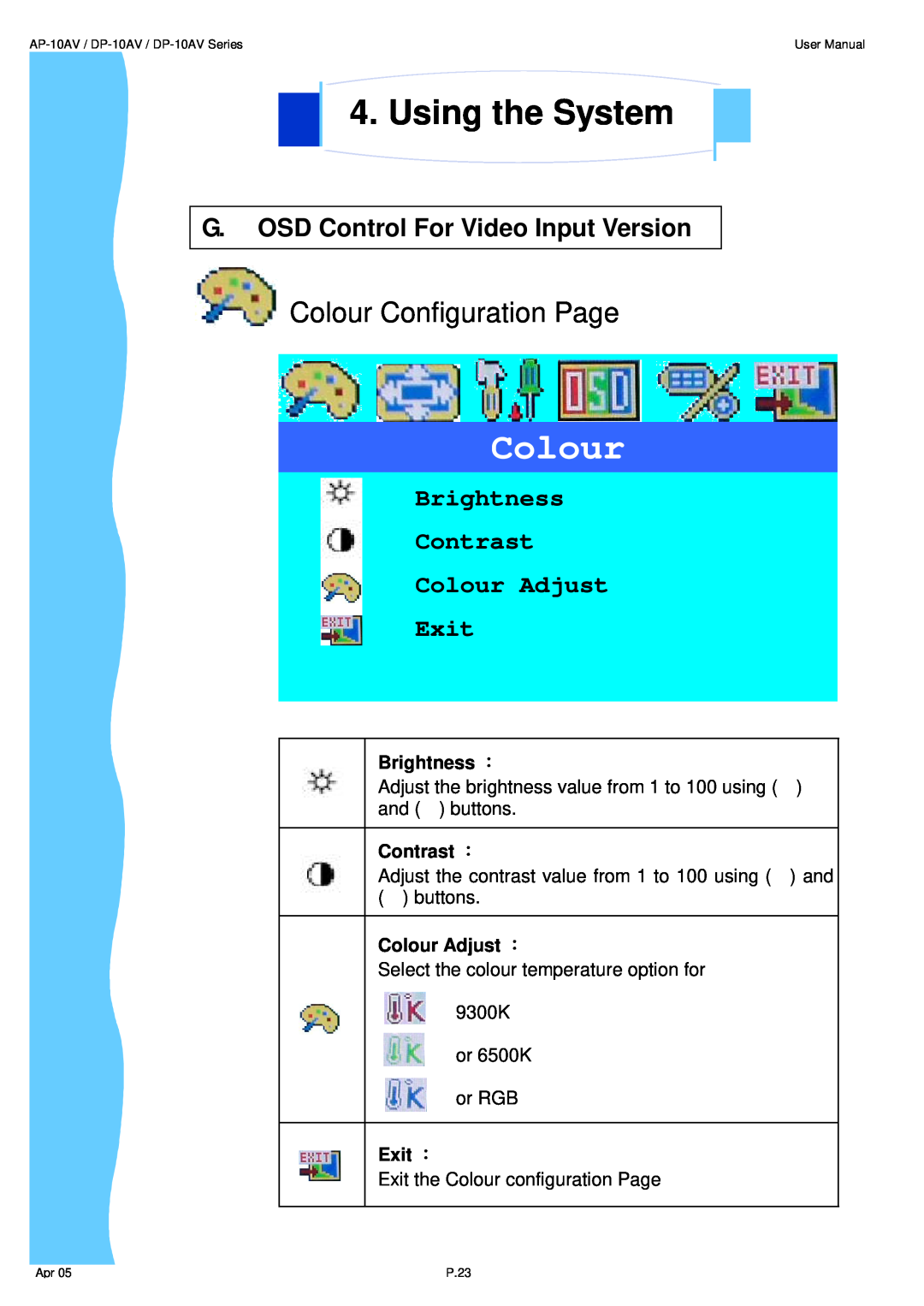 3M UMUV.10-045V2 Colour Configuration Page, G. OSD Control For Video Input Version, Using the System, Brightness ︰ 