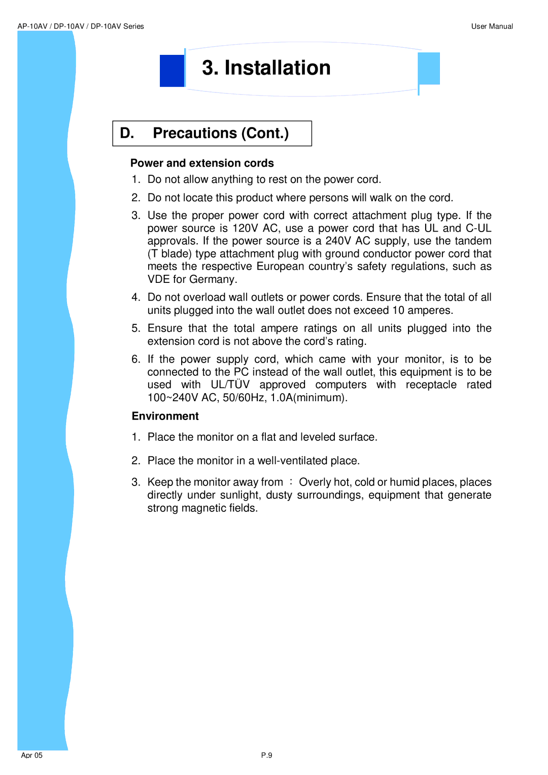 3M UMUV.10-045V2 user manual Power and extension cords, Environment 