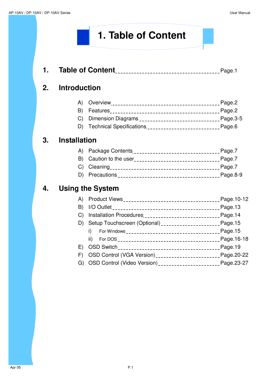 3M UMUV.10-045V2 user manual Table of Content, Introduction, Installation, Using the System 