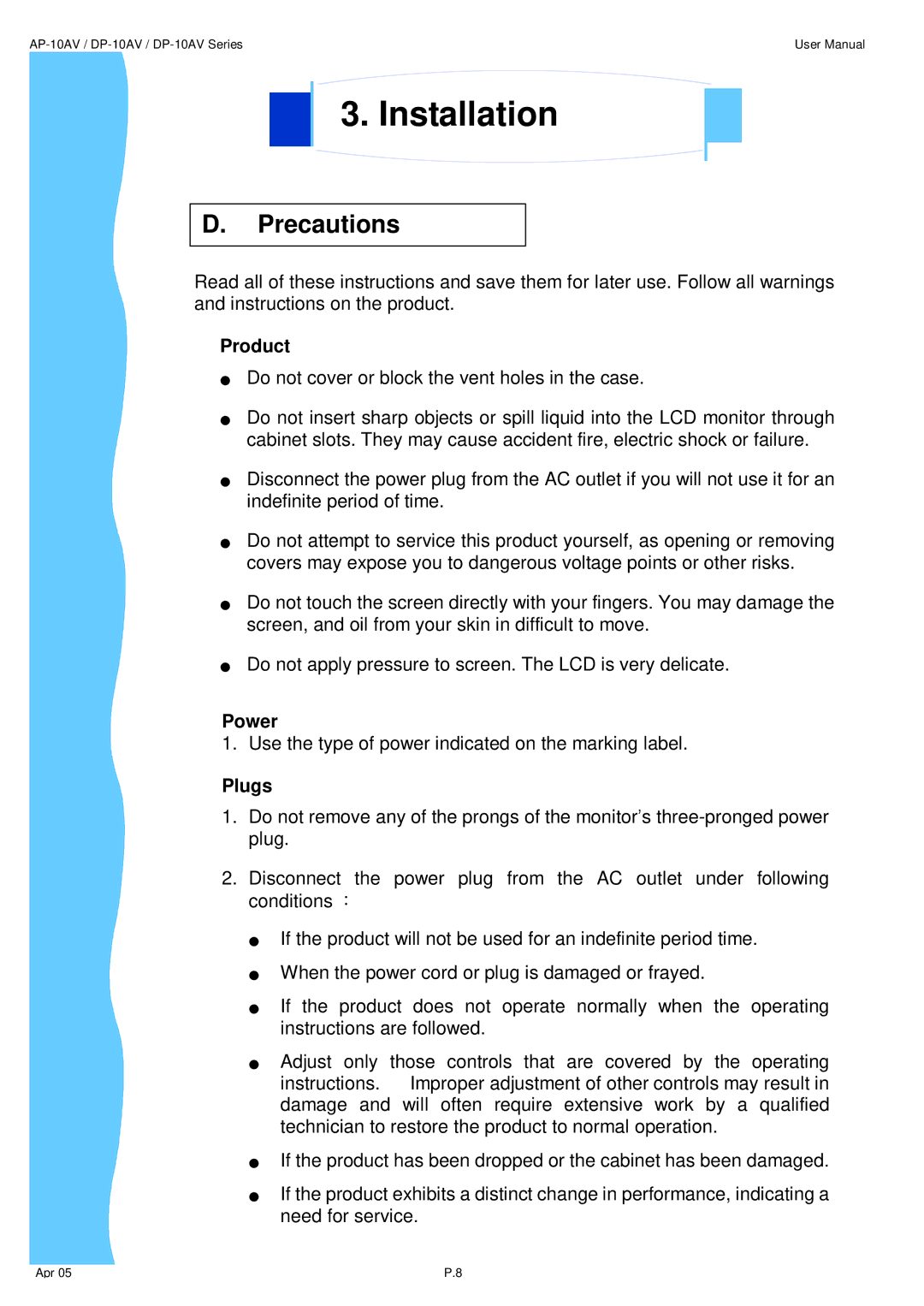 3M UMUV.10-045V2 user manual Precautions, Power, Plugs 