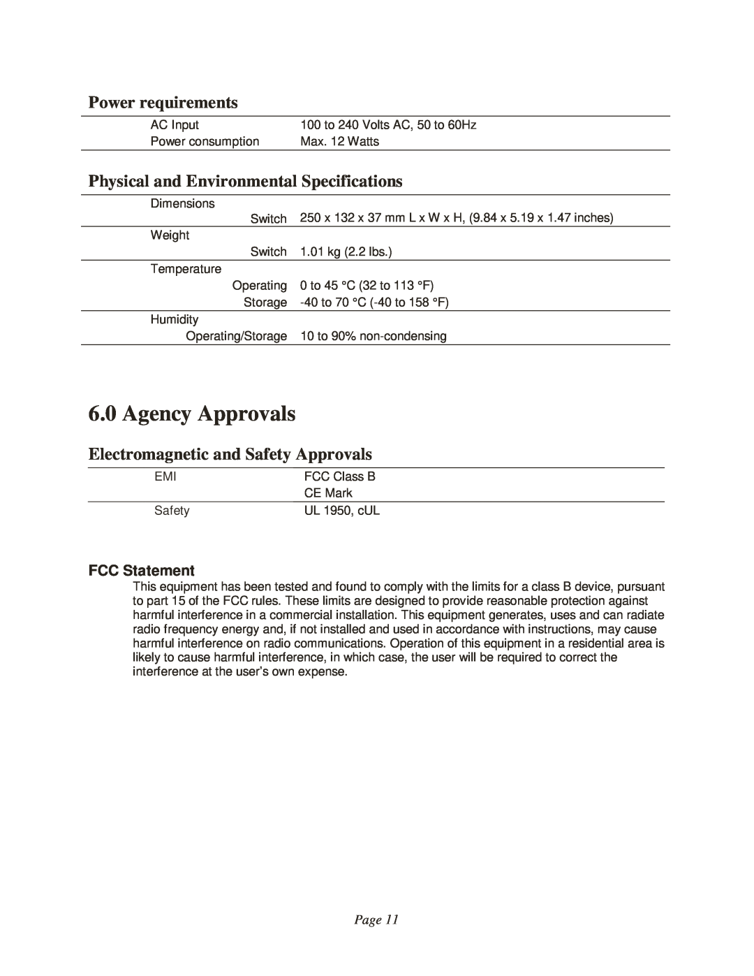 3M VOL-1081 manual Agency Approvals, Power requirements, Physical and Environmental Specifications, FCC Statement, Page 