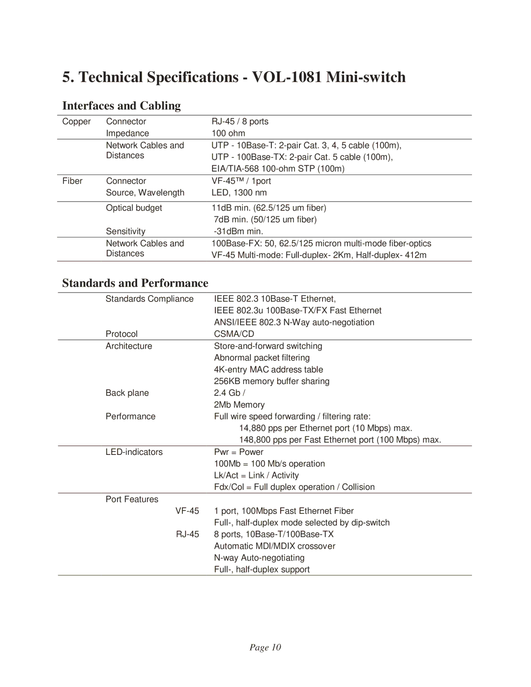 3M manual Technical Specifications VOL-1081 Mini-switch, Interfaces and Cabling, Standards and Performance 