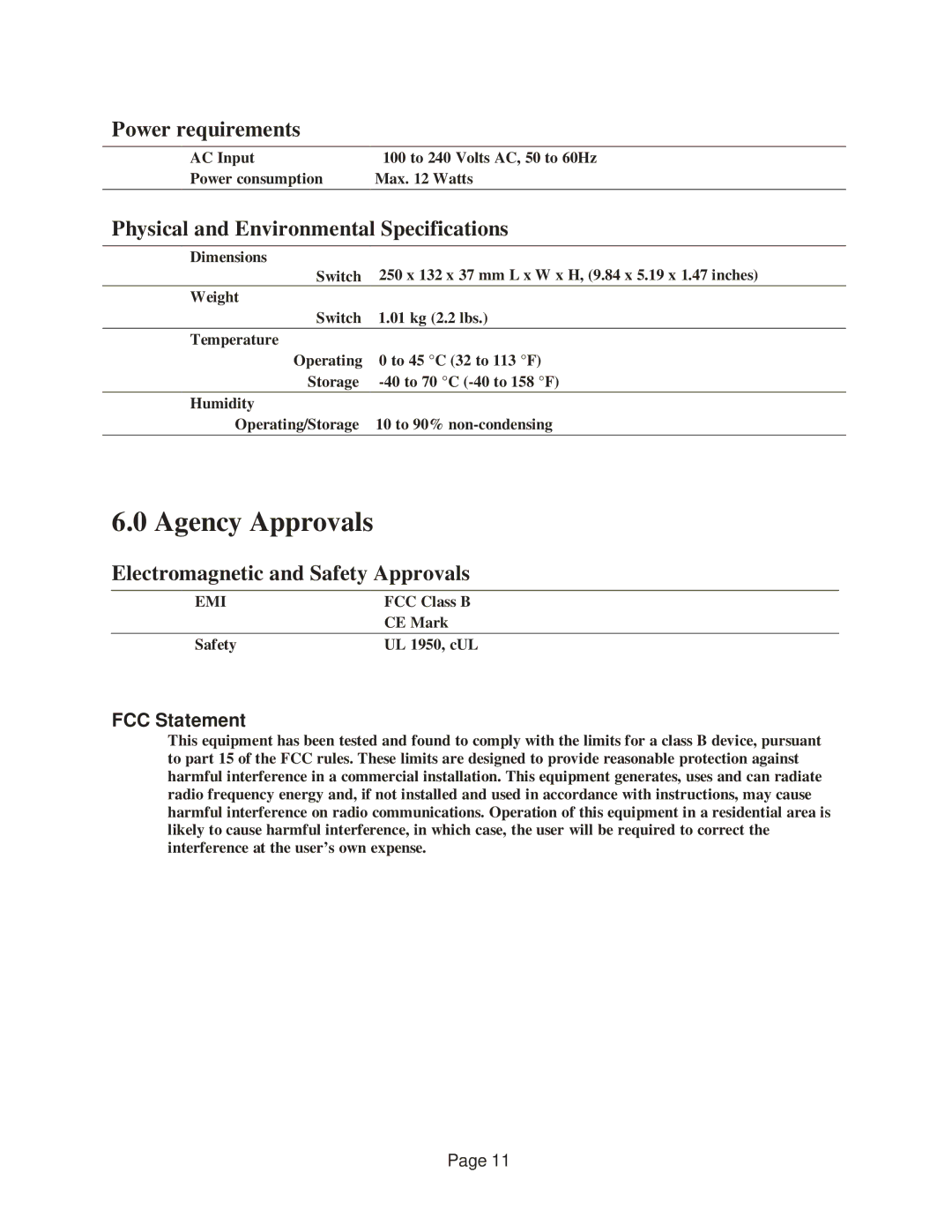 3M VOL-1081 manual Agency Approvals, Power requirements, Physical and Environmental Specifications, FCC Statement 