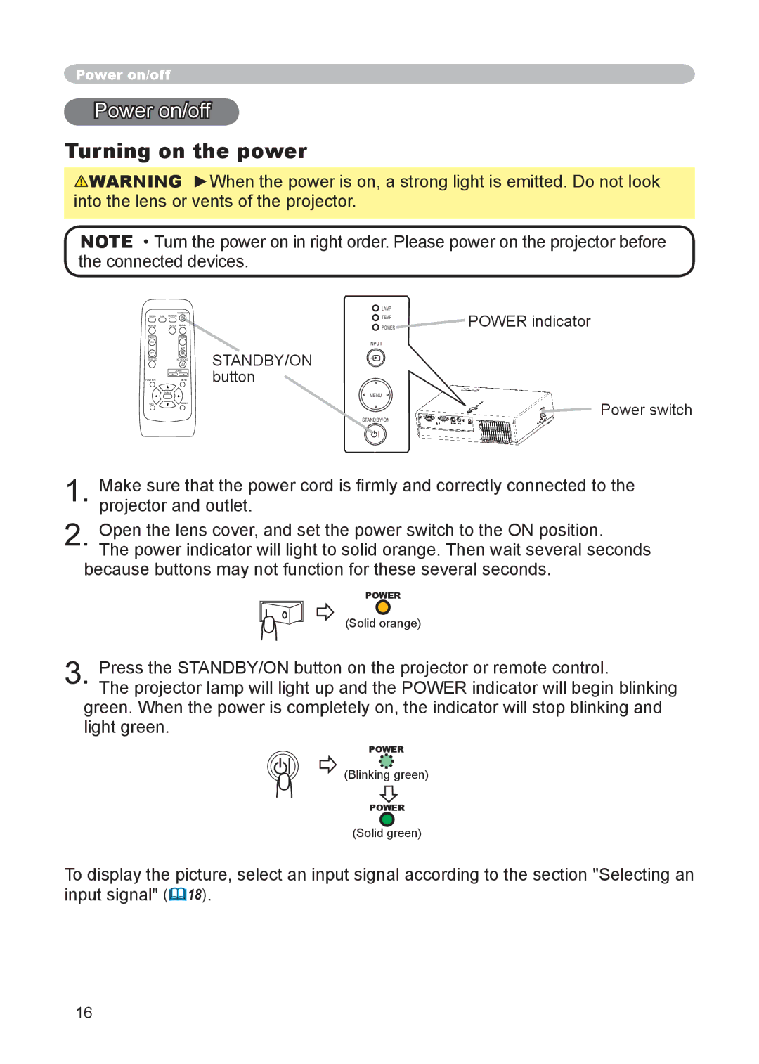 3M X15 manual Power on/off, Turning on the power, Standby/On 