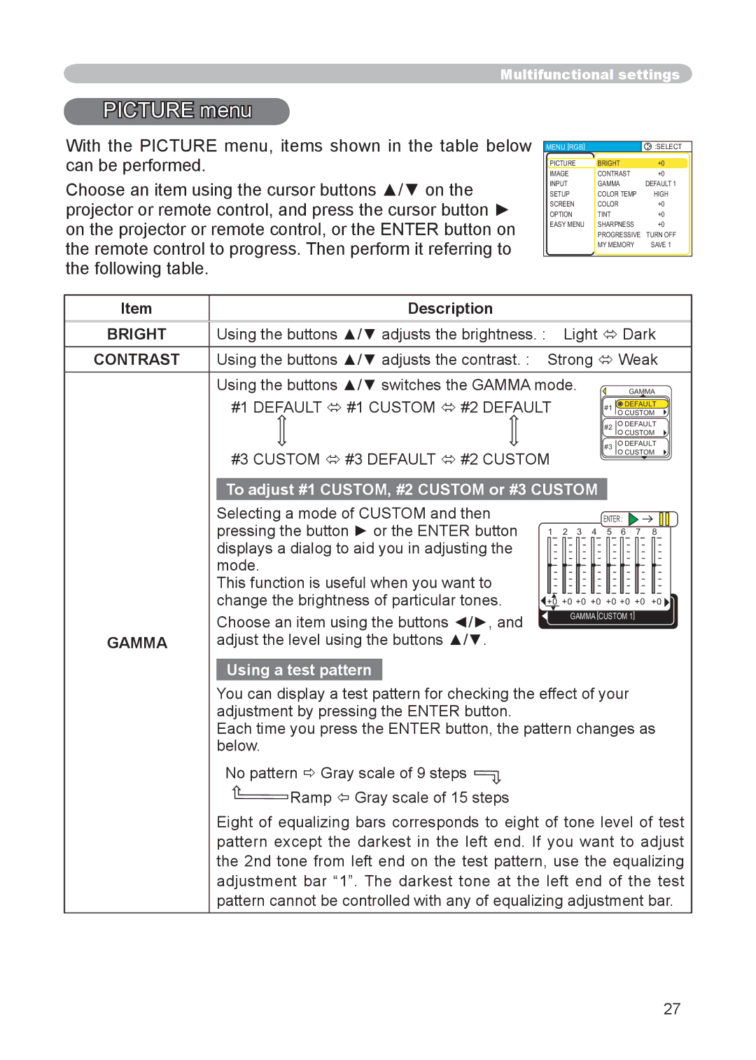 3M X15 manual Picture menu, #1 Default  #1 Custom  #2 Default, #3 Custom  #3 Default  #2 Custom, Gamma 