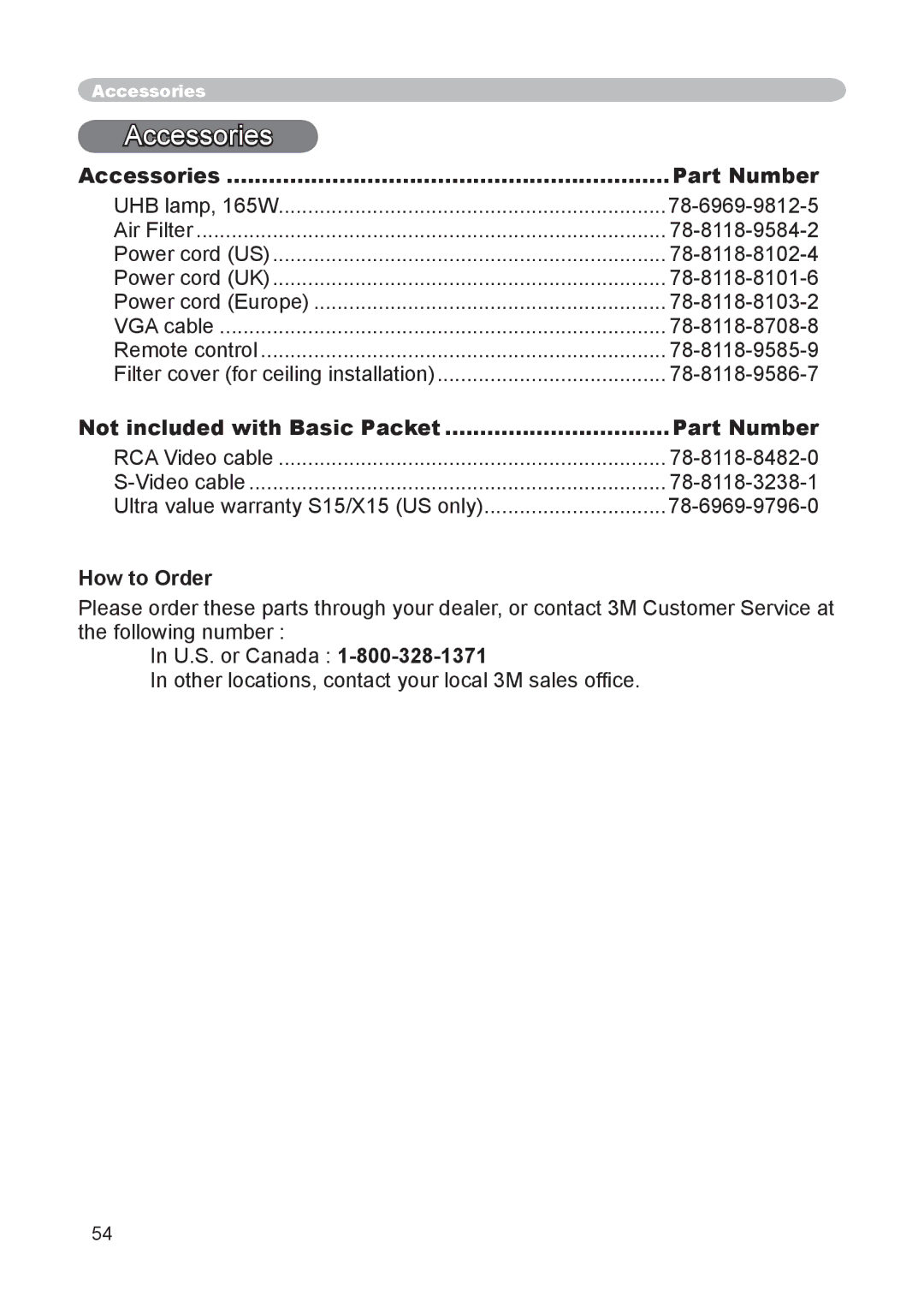 3M X15 manual Accessories Part Number, Not included with Basic Packet Part Number, How to Order 