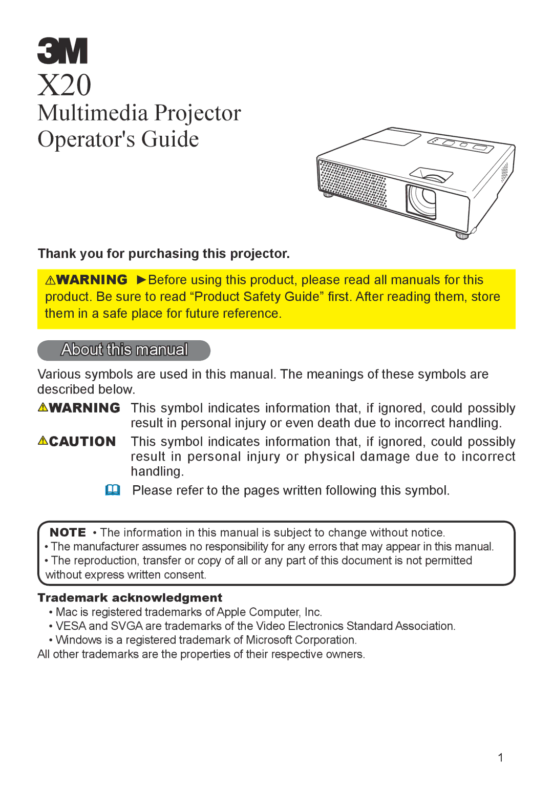 3M X20 manual About this manual, Thank you for purchasing this projector, Trademark acknowledgment 